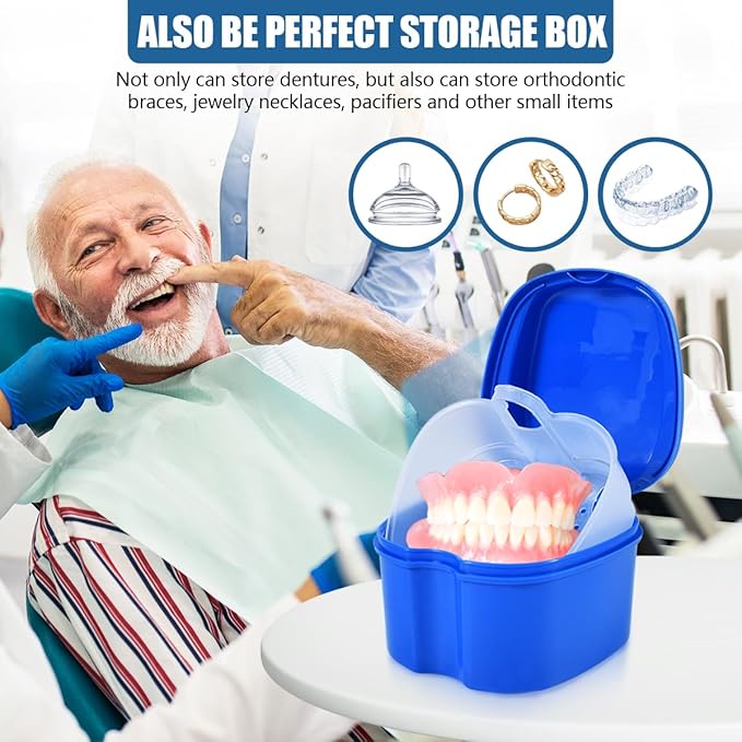 2 Pack Colors Denture Bath Case Cup Box Holder Storage Soak Container with Strainer Basket for Travel Cleaning (Blue and Black)