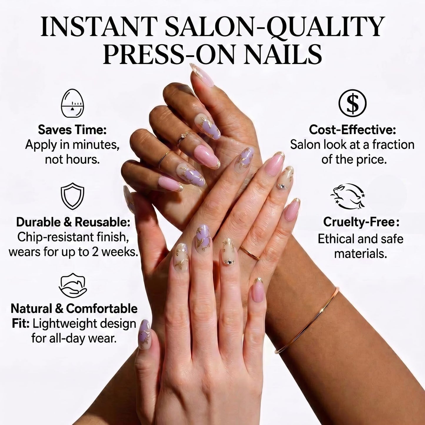 IMRAIN Almond Press on Nails, Medium Fake Nails, Vintage 3D Rose Flower Gold Outlining, 30 Pcs Reusable Glue on Nails for Women, Salon Quality