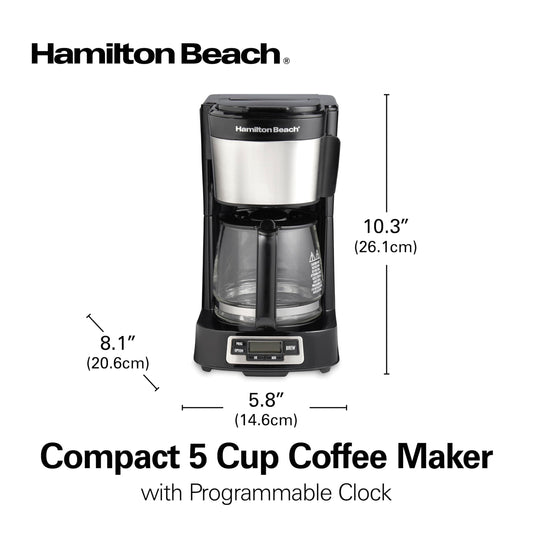 Hamilton Beach 5 Cup Drip Coffee Maker with Easy FrontFill Basket, Compact Design, Programmable Clock, Glass Carafe, Auto Pause and Pour, Black & Stainless Steel (46111)