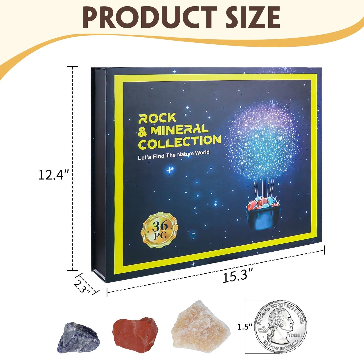 BTYCityMao Rock Collection for Kids - 36pc Cool Rocks and Gems Stones Crystals Kit - Rocks and Minerals Science Kit with Learning Guide - Earth Science Activity Kit - Rock Collection Box for Kids