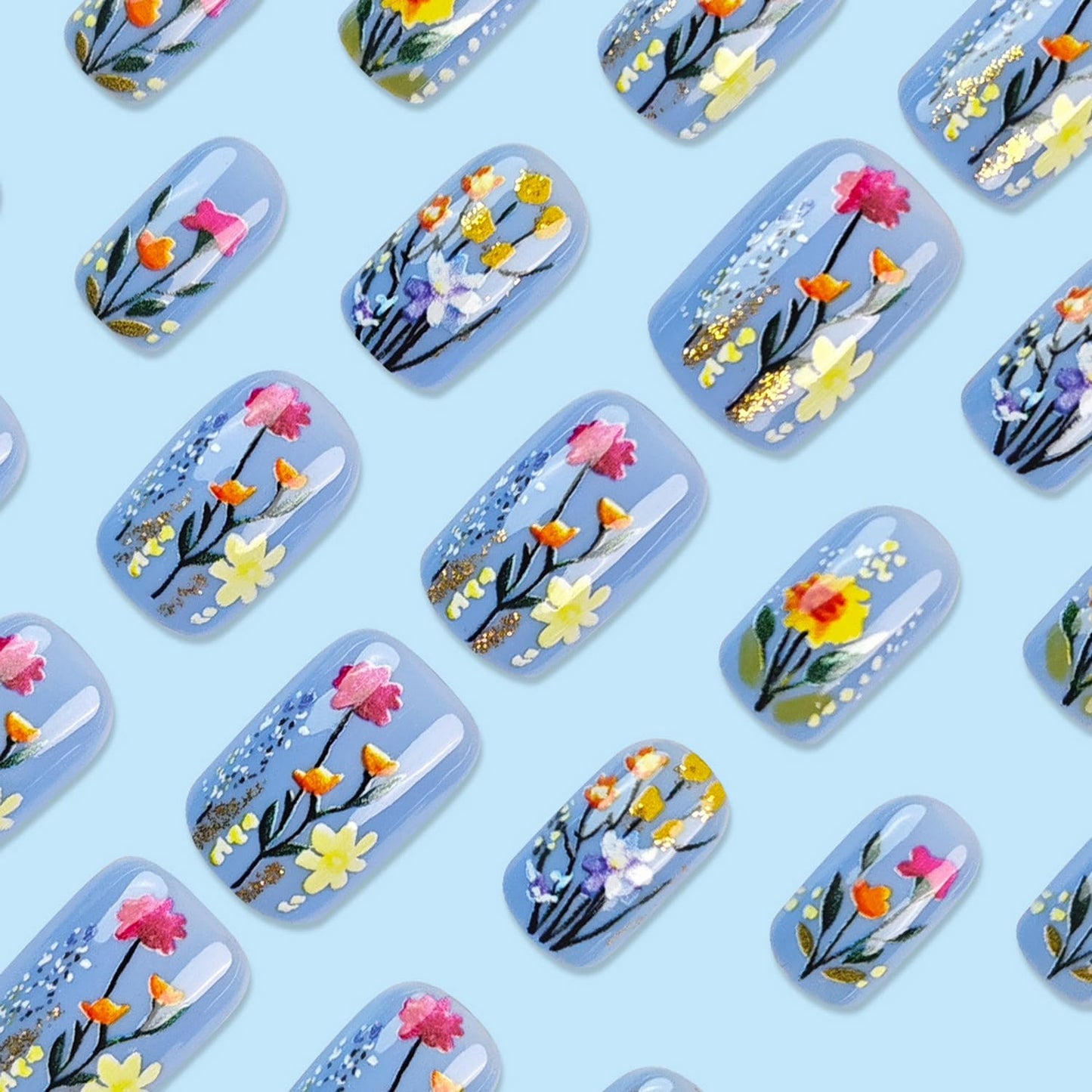 Floral Press on Nails Short Square Fake Nails Glossy Full Cover Flower design Acrylic Nails False Nails 3d Spring Glue on Nails Reusable Floral Nails Blue Stick on Nails for Women Art Manicure24pcs