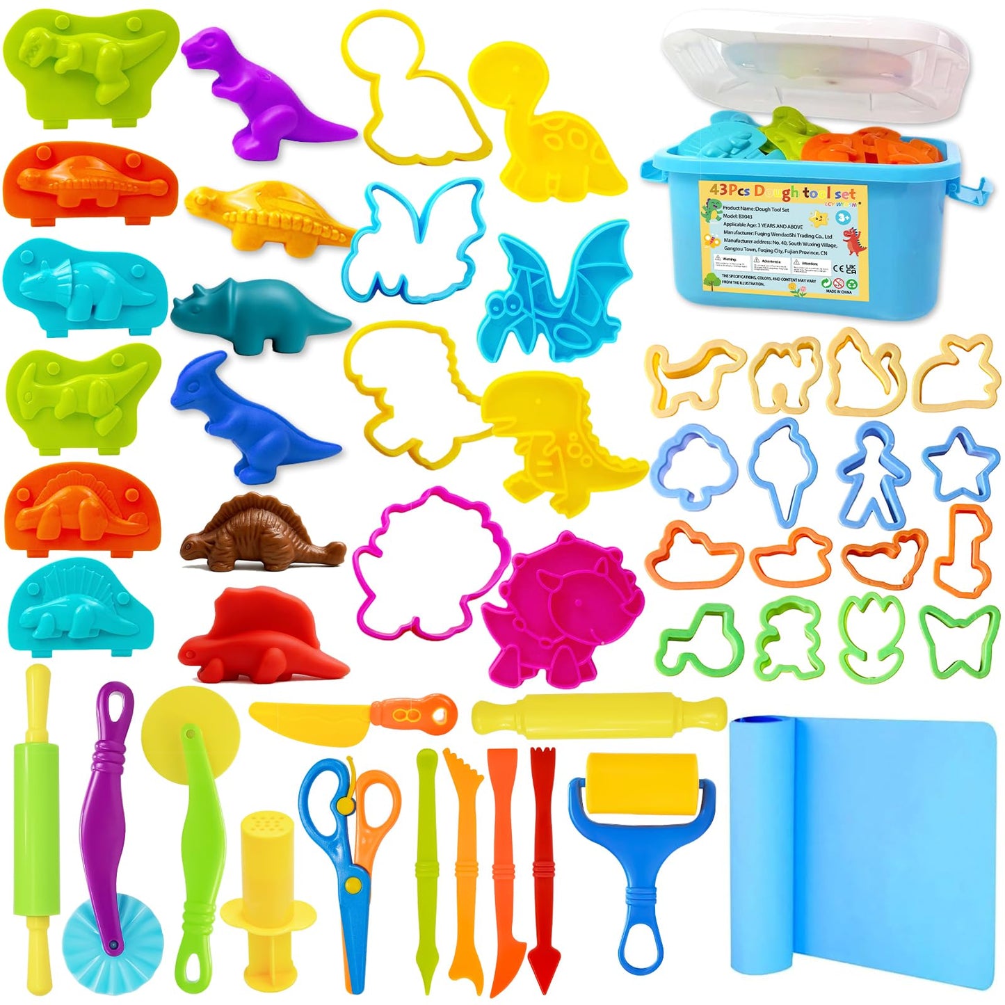 LCY WEDSHI Playdough Tool Set, 43 Pcs Play Dough Tools Sets for Kids Ages 4-8 with Storage Container, Dough Accessories Includes 3D Dinosaur Molds, Animal Molds, Cutters Roller, Rolling Pins