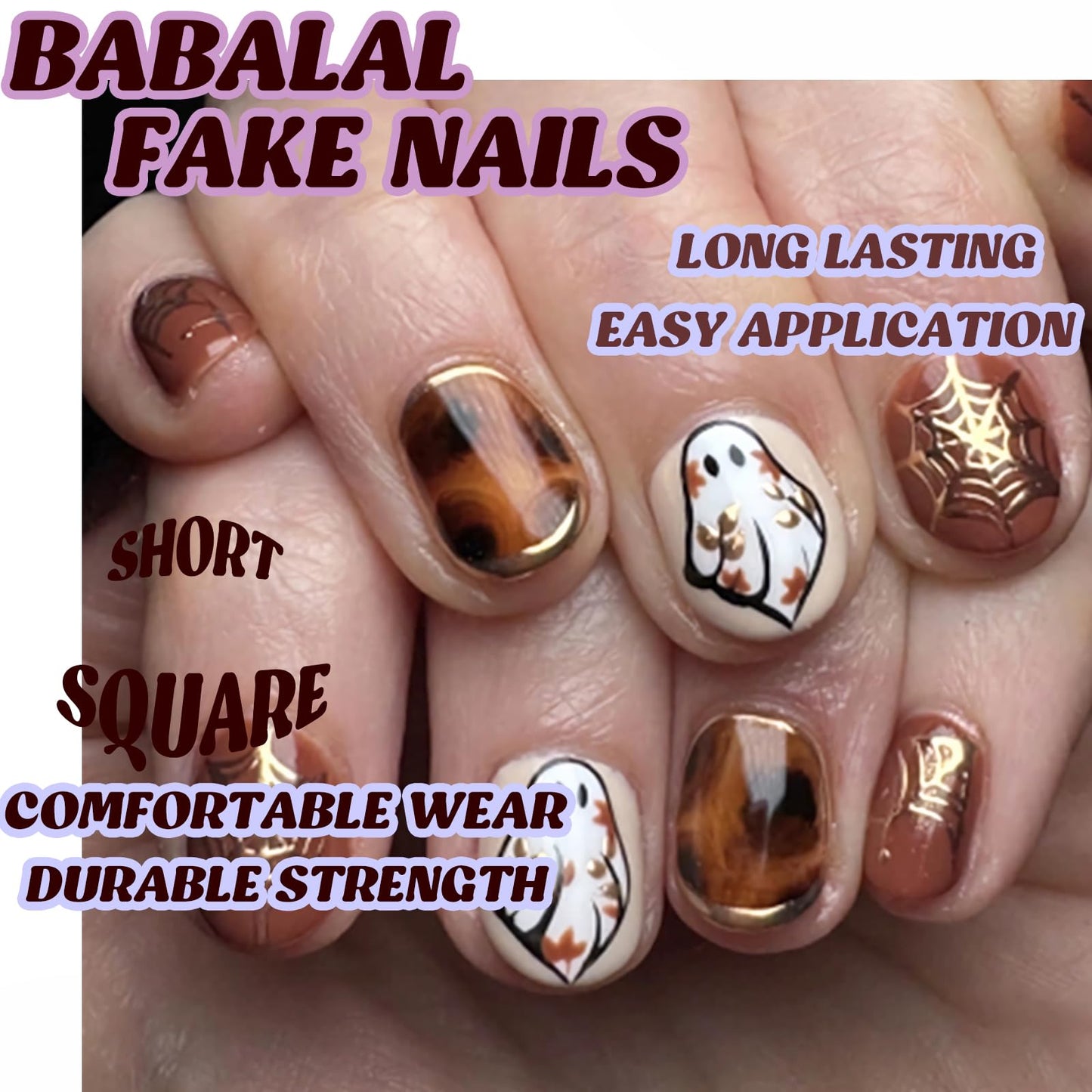 BABALAL Brown Press on Short Artificial Nails 24pcs Acrylic French Tip, Gold Chrome, Fall Tortoise, Horror Ghost Halloween, Square, Spider Web, Gothic, Squoval, Manicure Full Cover