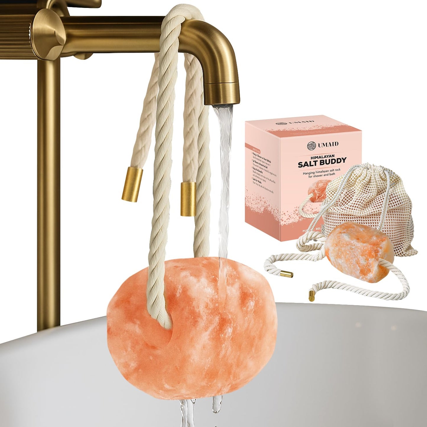 UMAID Himalayan Pink Salt Rock for Shower & Bath – Salt Buddy™ 2 lb Hanging Mineral Stone for Spa-Inspired Relaxation, Self-Care & Bath Soaks, Unique Wellness & Home Spa Gifts for Men & Women