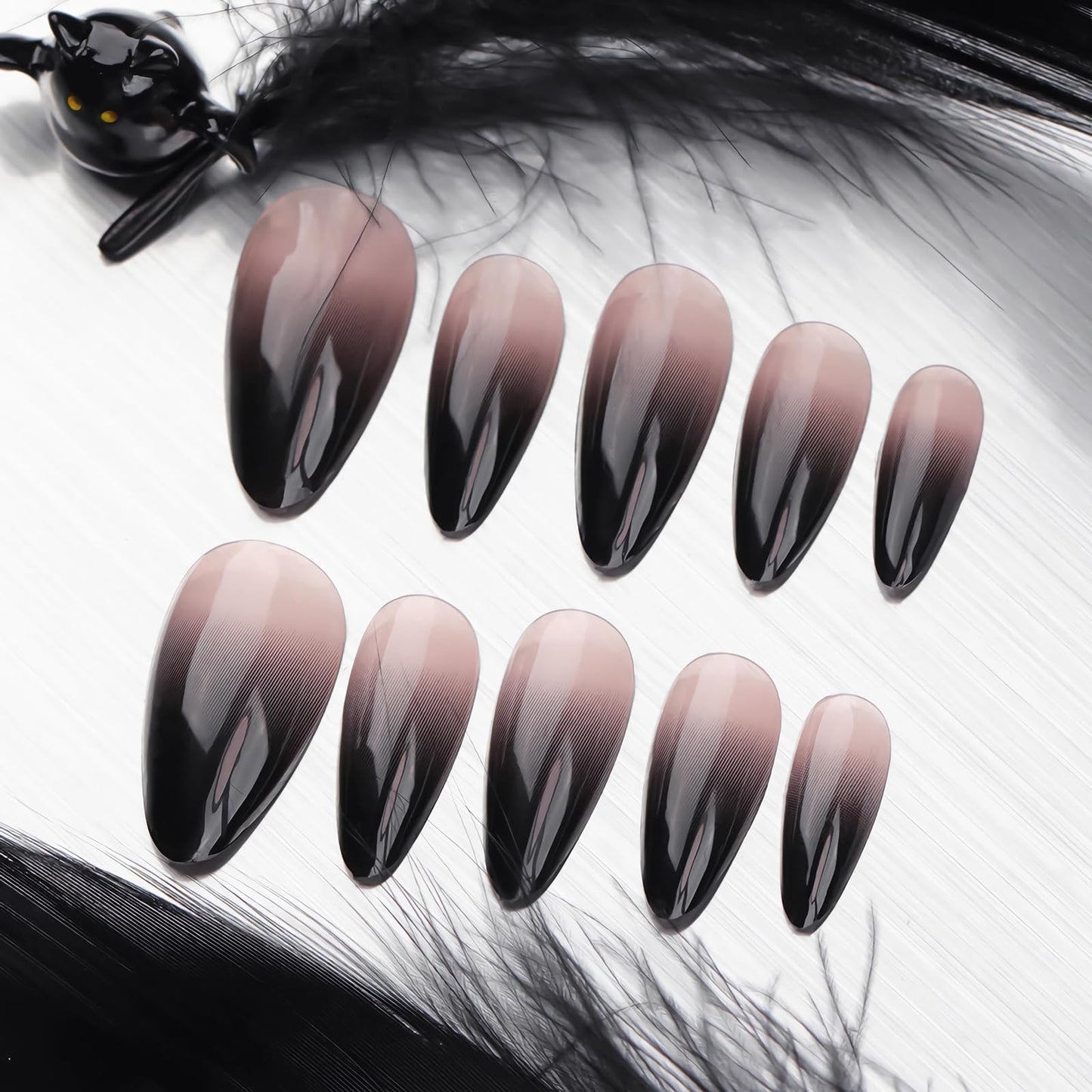 MISUD Press on Nails - Medium Almond Glue on Nails with Goth Black, Acrylic Gothic Design 24 pcs