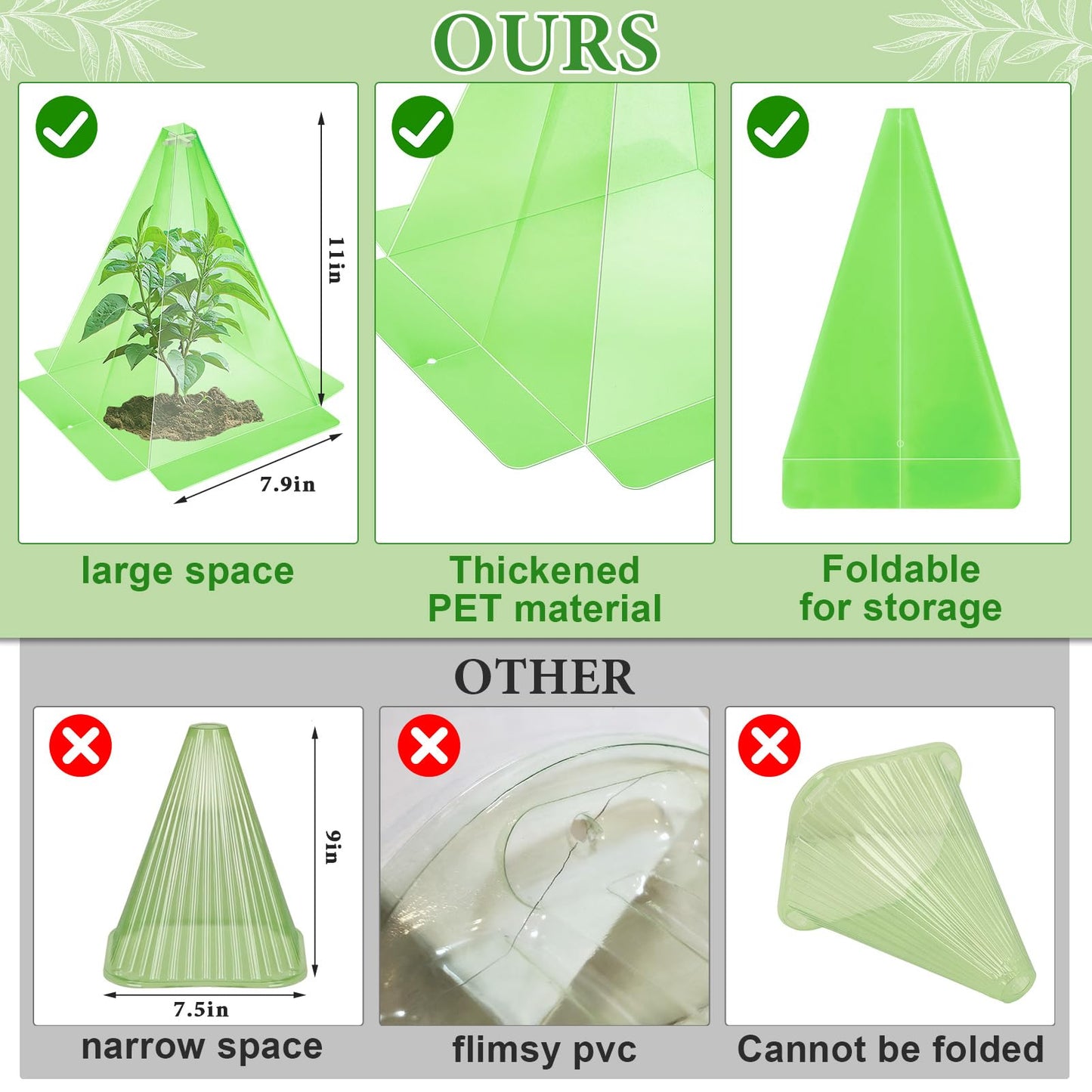 20 Pack Garden Cloches for Plants, Green Reusable Bell Plant Cover, Plastic Small Plant Seedling Protector with 40pcs Metal Stakes, Mini Greenhouse Against Sun, Frost, Snails, Birds, 7.8" x 11"