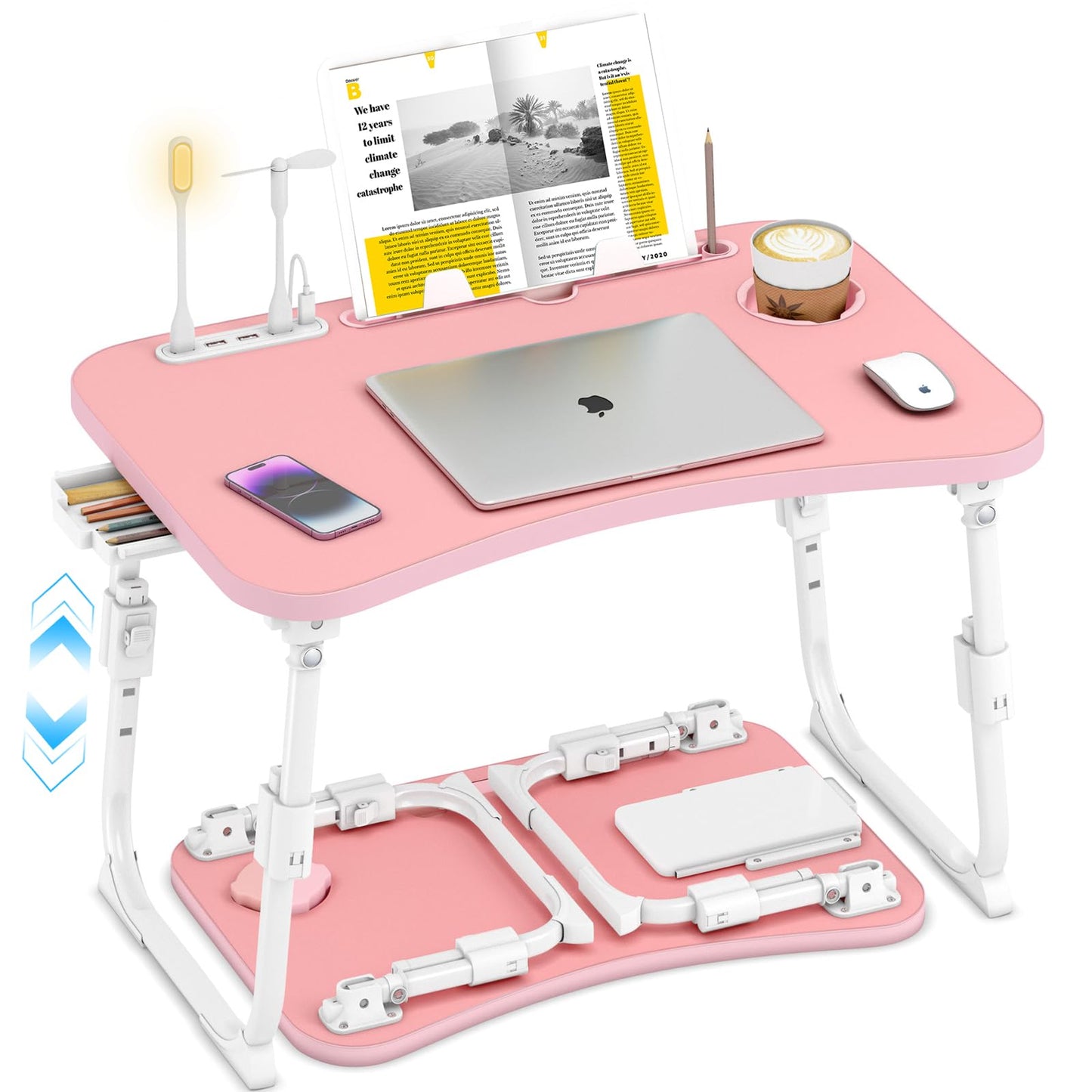 Lap Desk for Bed Adjustable Height, Foldable Bed Table with Storage Drawer, Tablet Slot & Cup Holder, Portable Laptop Stand for Bed & Sofa, Bed Desk for Adults & Kids, Pink