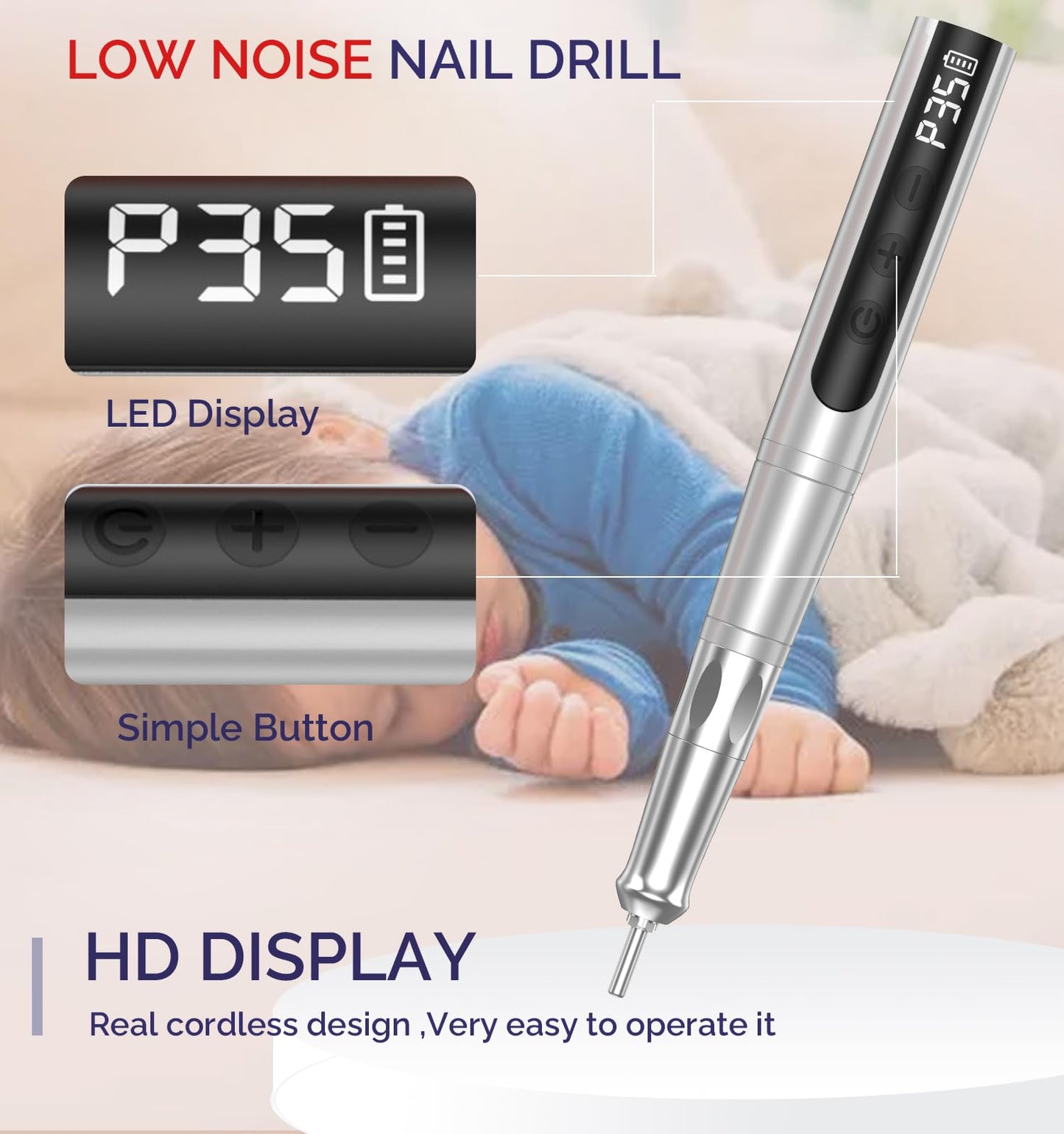 Lumcrissy Coreless Motor Cordless Nail Drill, Low Noise Electric File, Portable Nail Drill Machine for Acrylic Nails - Pearl White, 6H Rechargeable, 1100mAh, Ultra Quiet Professional Kit