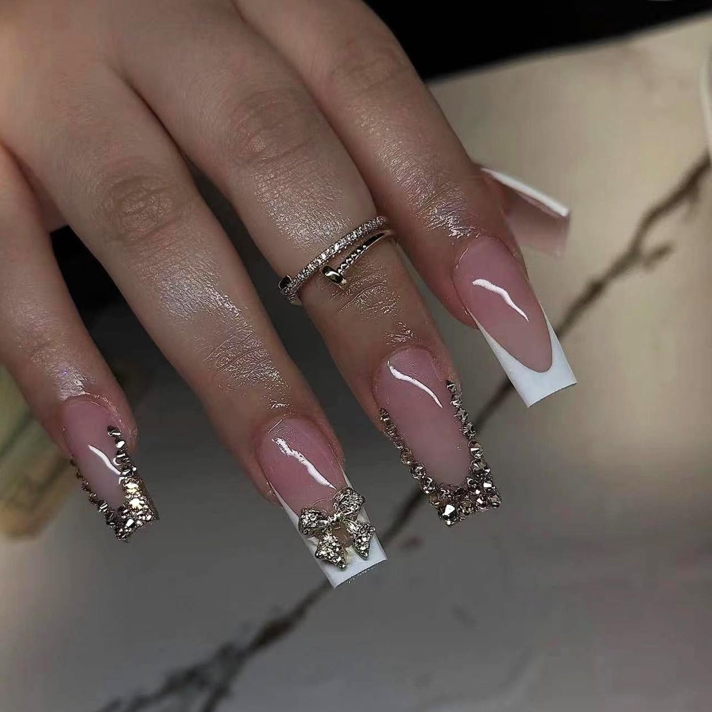 IMRAIN Long Square Press on Nails Golden French Tips Fake Nails with Rhinestone & Bow Designs Glossy Gel False Nails Artificial Stick on Nails for Women 24Pcs