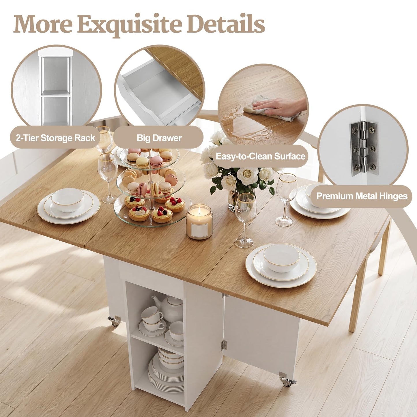 GOFLAME Drop Leaf Dining Table for 2-4, Folding Kitchen Table with Open Shelves & Drawer, Lockable Wheels, Space Saving Extendable Table for Dining Room, Living Room, Small Space, Natural & White