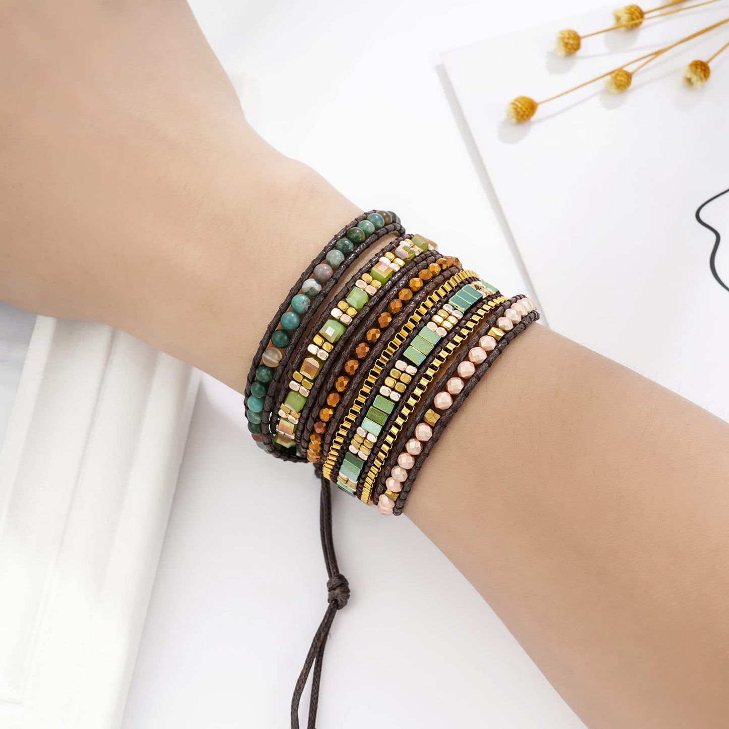 Plumiss Boho Handmade Green Stylish Natural Stone Crystal Hematite Stainless Steel Chain Mixed 5 Wrap Bracelet for Women Men