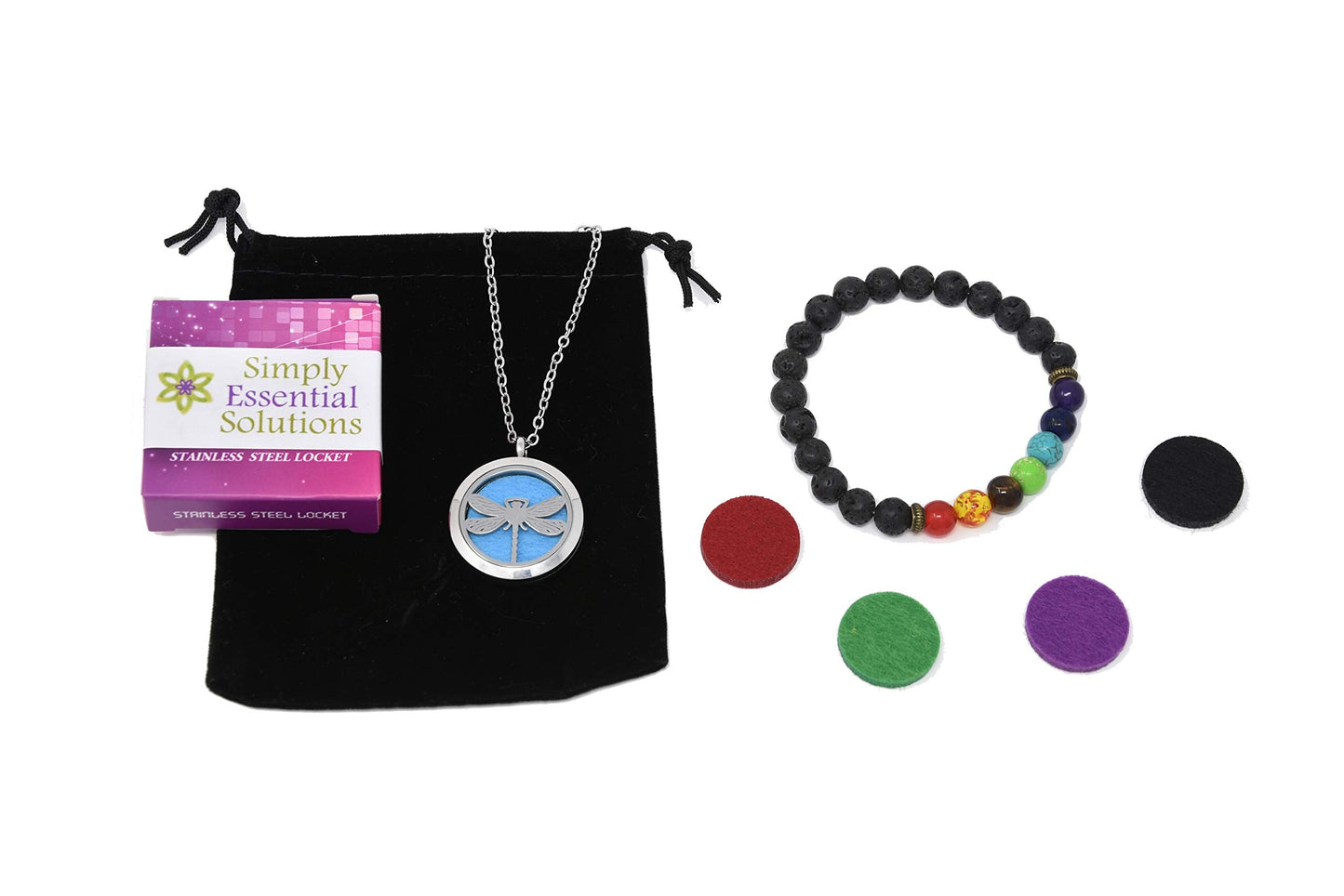 Aromatherapy Essential Oil Diffuser Stainless Steel Silver 30 MM Magnetic Locket Pendant 2 Sizes Chain Necklace, Refill Pads & Diffuser Bracelet in a Velvet Bag (Dragonfly)