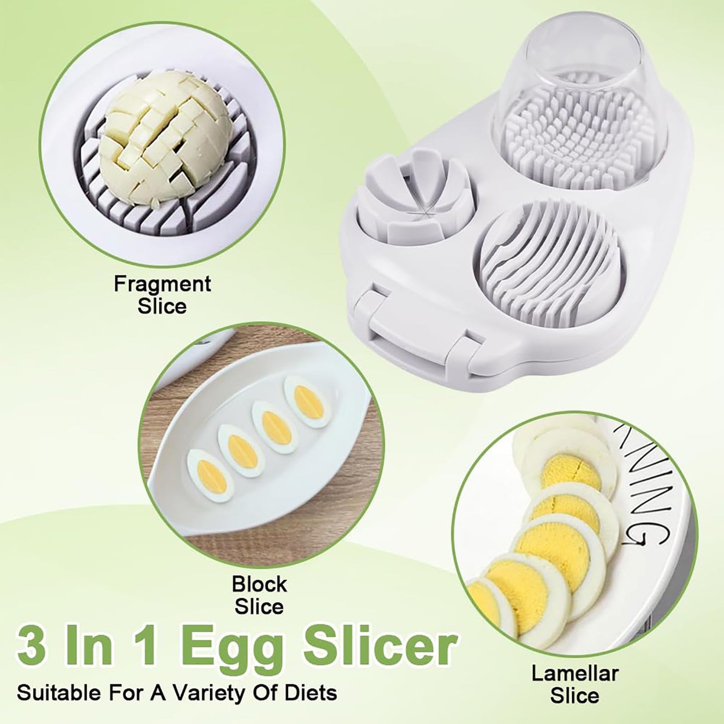 3 in 1 Egg Slicer for Hard Boiled Eggs with Cleaning Brush, Multipurpose 3-Way Cutter with 3 Slice Modes, Heavy Duty, Hard Boiled Egg Cutter & Fruit Slicer, Dishwasher Safe (White)