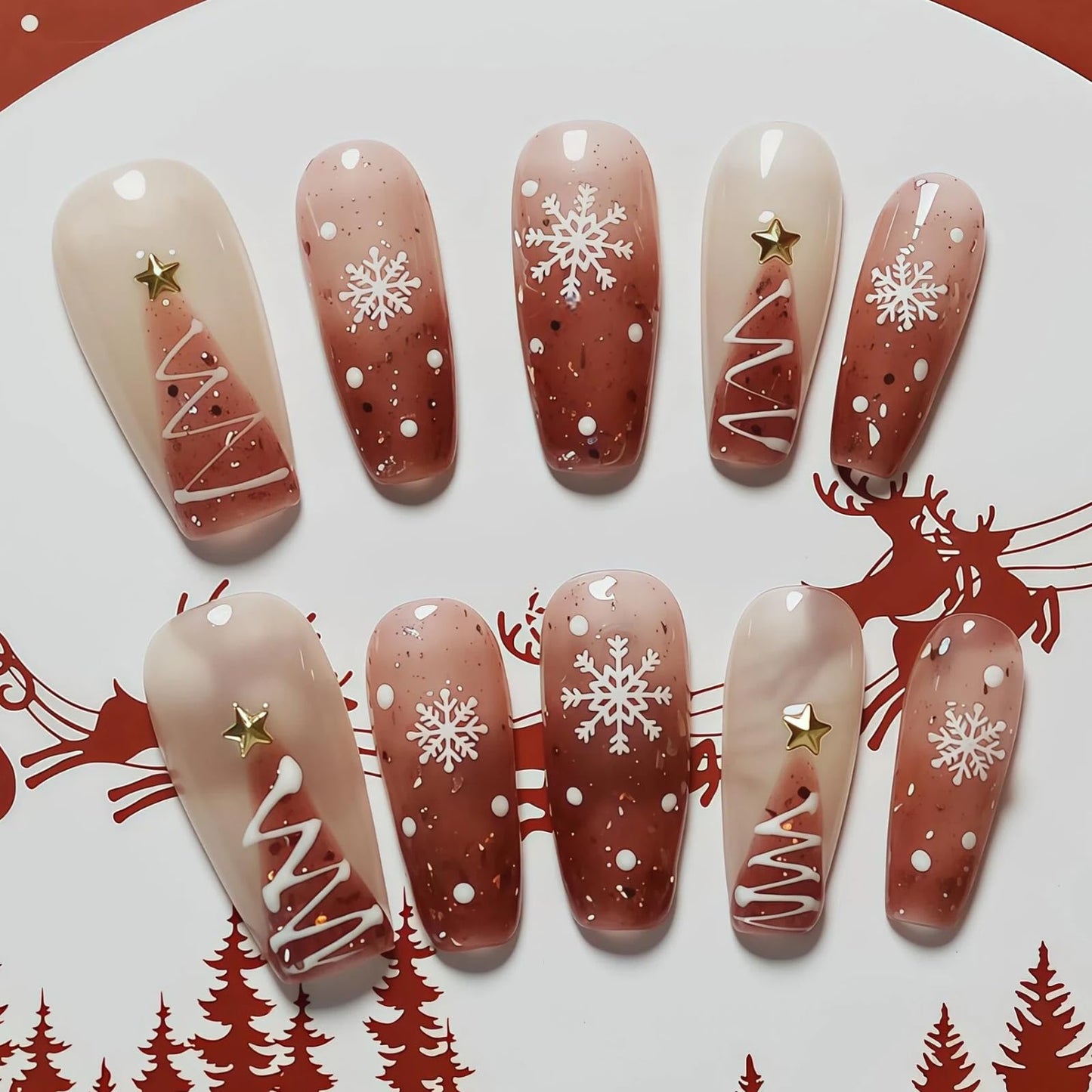 Tesytto Handmade Pink & Red Gradient Press on Nails Medium Coffin - Luxury 3D Pearl Star Design, Sweet Coquette Aesthetic Glossy Fake Nails (Festive Dream,S)