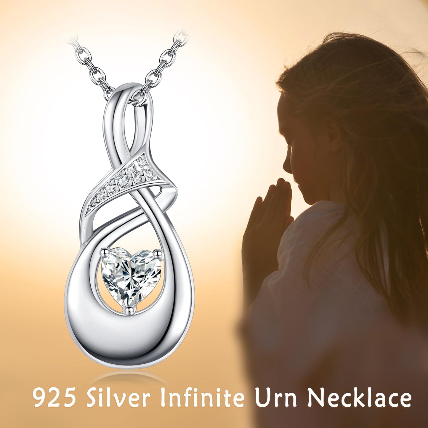 POPLYKE Infinity Ashes Necklace for Women Sterling Silver Cremation Jewelry Urn Necklaces for Ashes for Women Infinity Pendant Heart Cubic Zirconia
