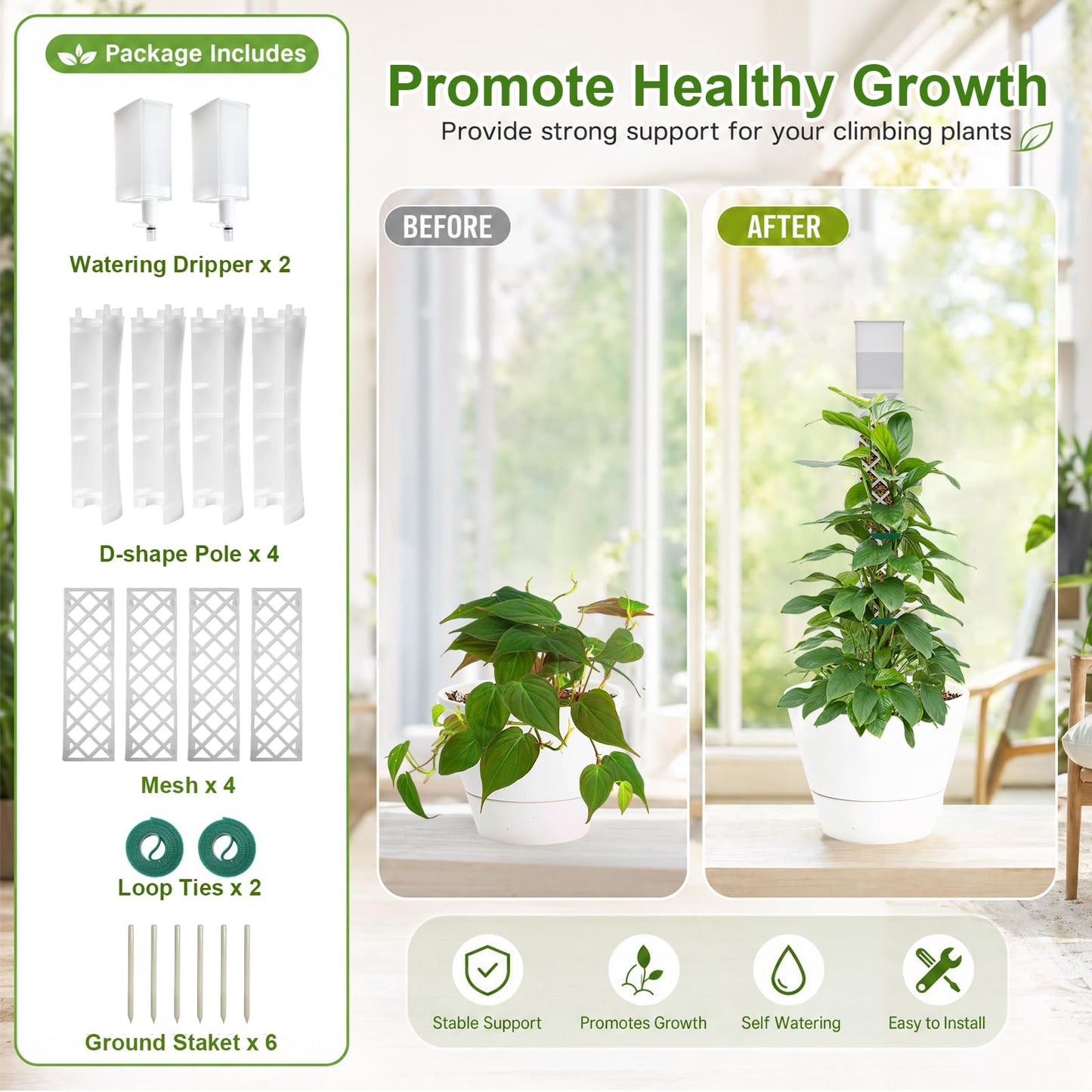 GJL Stackable D Shape Self Watering Moss Pole for Monstera,Plastic Sphagnum Moss Pole with Watering Dripper, Indoor Climbing Plant Support for Pothos & Philodendron