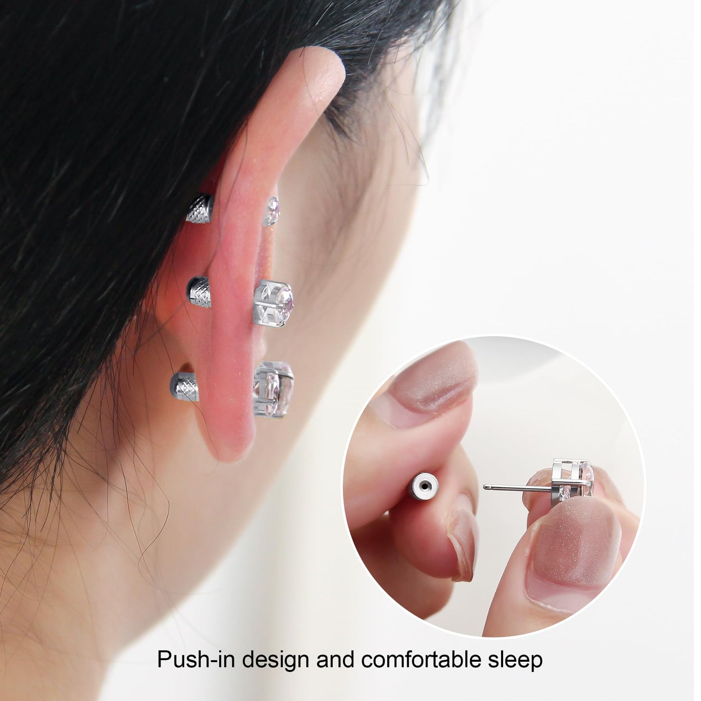 Hypoallergenic Threadless Flat Back Earrings,1 Pairs Cartilage Stud for Women Men Titanium Post 20G None Screw Easy Push in Gold Black Silver Stainless Steel Flatback with CZ 3-8mm (Silver Stud, 6mm)