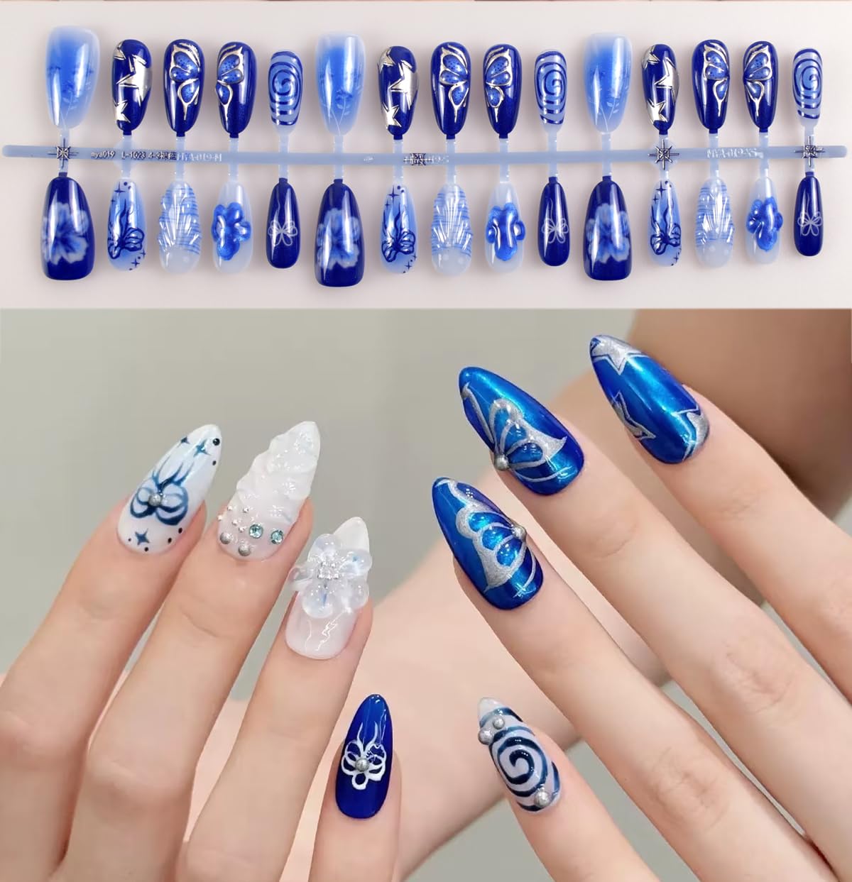 4 Packs Flower Press on Nails 114 Pcs Short Almond Spring Fake Nails with Designs Medium Almond Colorful 3D False Nails Flower Butterfly Spring Summer for Women