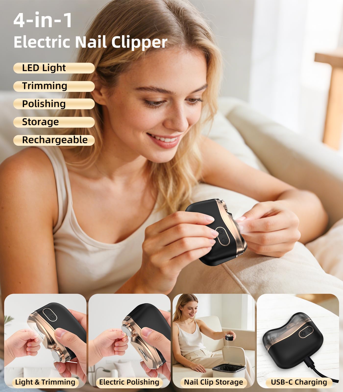 Electric Nail Clipper, Smart Toenail Clipper, 2026 Upgraded 3 in 1 Automatic Nail Trimmer with Polishing, LED Light & Clip Storage, 2-Speeds, USB Rechargeable for Baby, Adults, Seniors