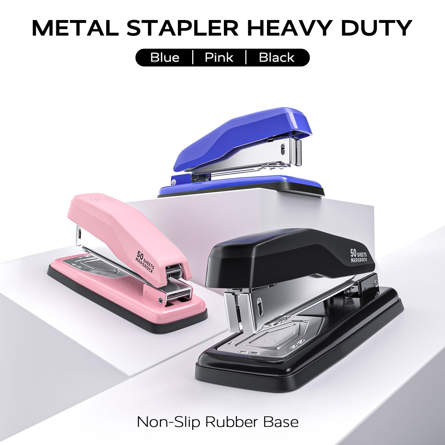Marsrock Desktop Stapler, Swing-Arm Swivel Stapler, 50 Sheet Capacity, 2000 Staples and Staple Remover, Rotatable Heavy Duty Staplers for Office, Home, Classroom, Booklet, Book Binding,Pink
