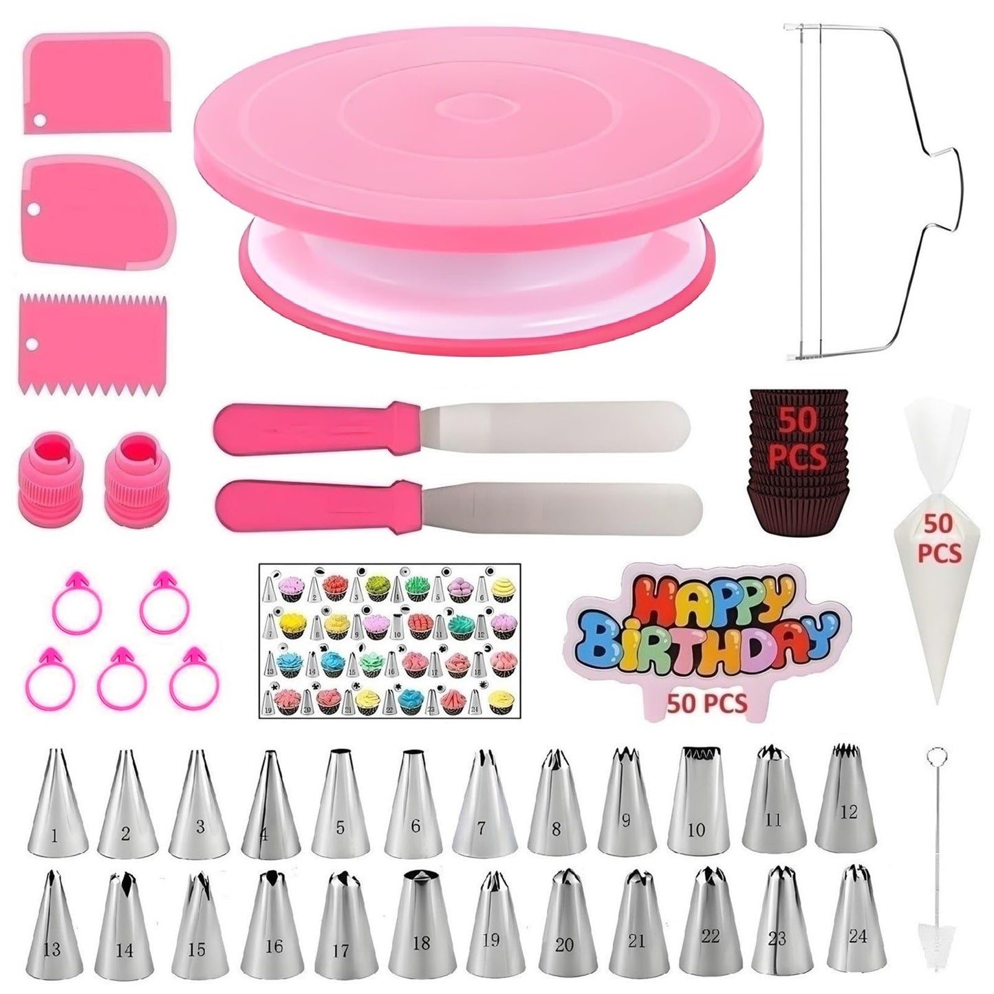 YOQXHY Cake Decorating Kit, 190 Pcs Baking Supplies Tools with Cake Turntable, Leveler, 24 Numbered Icing Tips, 2 Spatulas, 3 Scrapers, 2 Couplers, 50 Cupcake Liners, 100 Pastry Bags & More, (Pink)