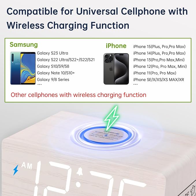 DreamSky Wooden Digital Alarm Clock with Wireless Charging for Bedroom
