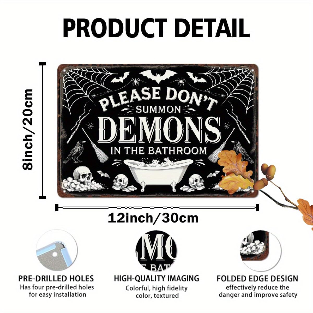 Please Don't Summon Demons in the Bathroom Halloween Retro Metal Tin Sign Wall Art Decor for Bathroom Home Halloween Party Indoor Wall Decor 8x12 Inch