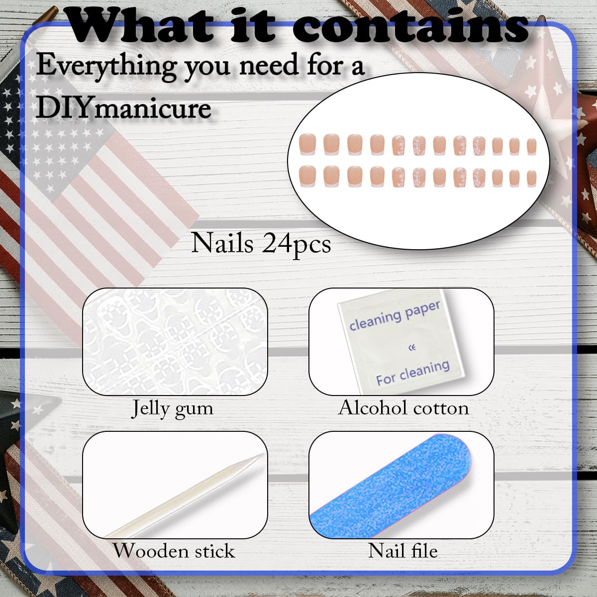 24Pcs Nail Press ons, Short Square Press on Nails French Tip Fake Nails with White Flowers Summer Cute Sweet Design, Artificial False Nails Press On Stick On Nails for Women