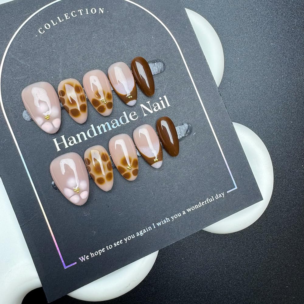 Handmade Press on Nails Medium Almond Handmade Nails with Rhinestone Flower Design Brown False Nails Glossy Leopard Print Nail Press ons Reusable Fall Winter Fake Nail for Women Size M 10Pcs