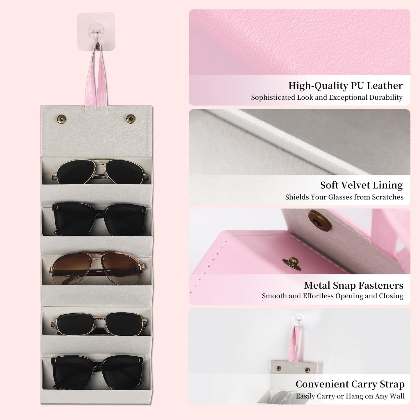 AUTOARK Foldable PU Leather Glasses Organizer with 5 Slots,Hanging & Portable Sunglass Eyewear Storage Case for Men Women,Pink,MKAW254