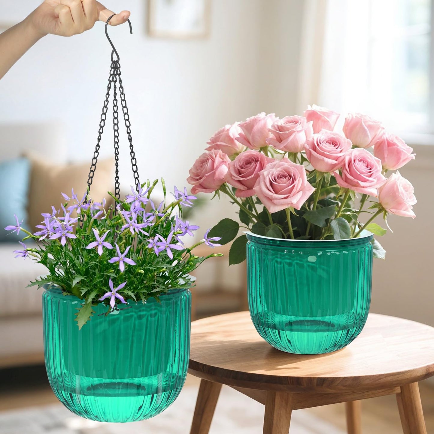 VIDELLY 2 Pack Self Watering Hanging Planters, 8.3" Plastic Hanging Flower Pots with Hooks & Drainage Holes for Indoor Outdoor Plants
