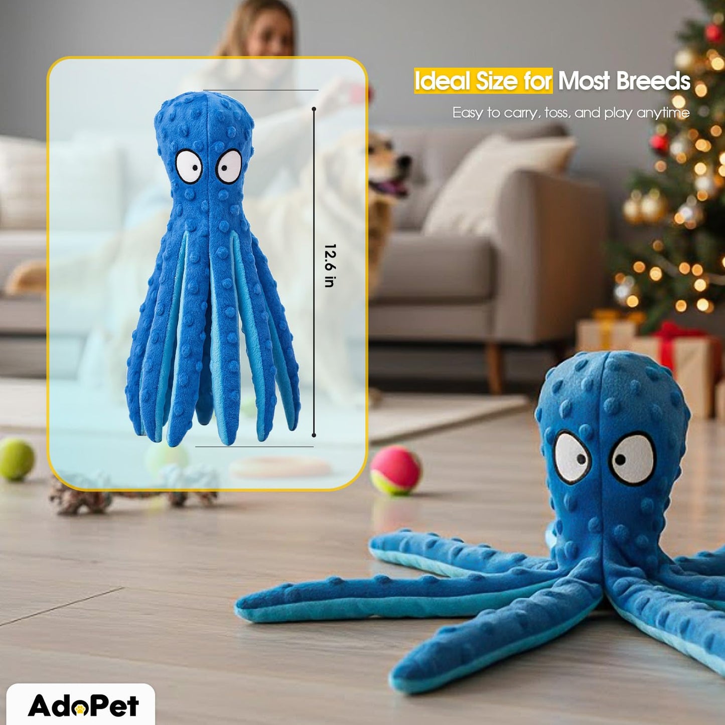 AdoPet Squeaky Octopus Dog Toy – No Stuffing, Crinkle Sound Plush Chew Toy for Small and Medium Dogs – Durable and Machine Washable – 2 Pack (Blue & Pink)