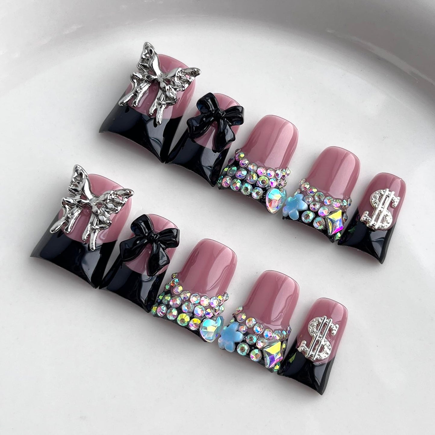 French Tip Press on Nails Handmade Short Duck 3D Flower Thick Acrylic Nails Black False Nails with Bow Rhinestones Butterfly Designs Cool Glossy Fake Nail Sturdy Art Press on Nail 10Pcs(M)