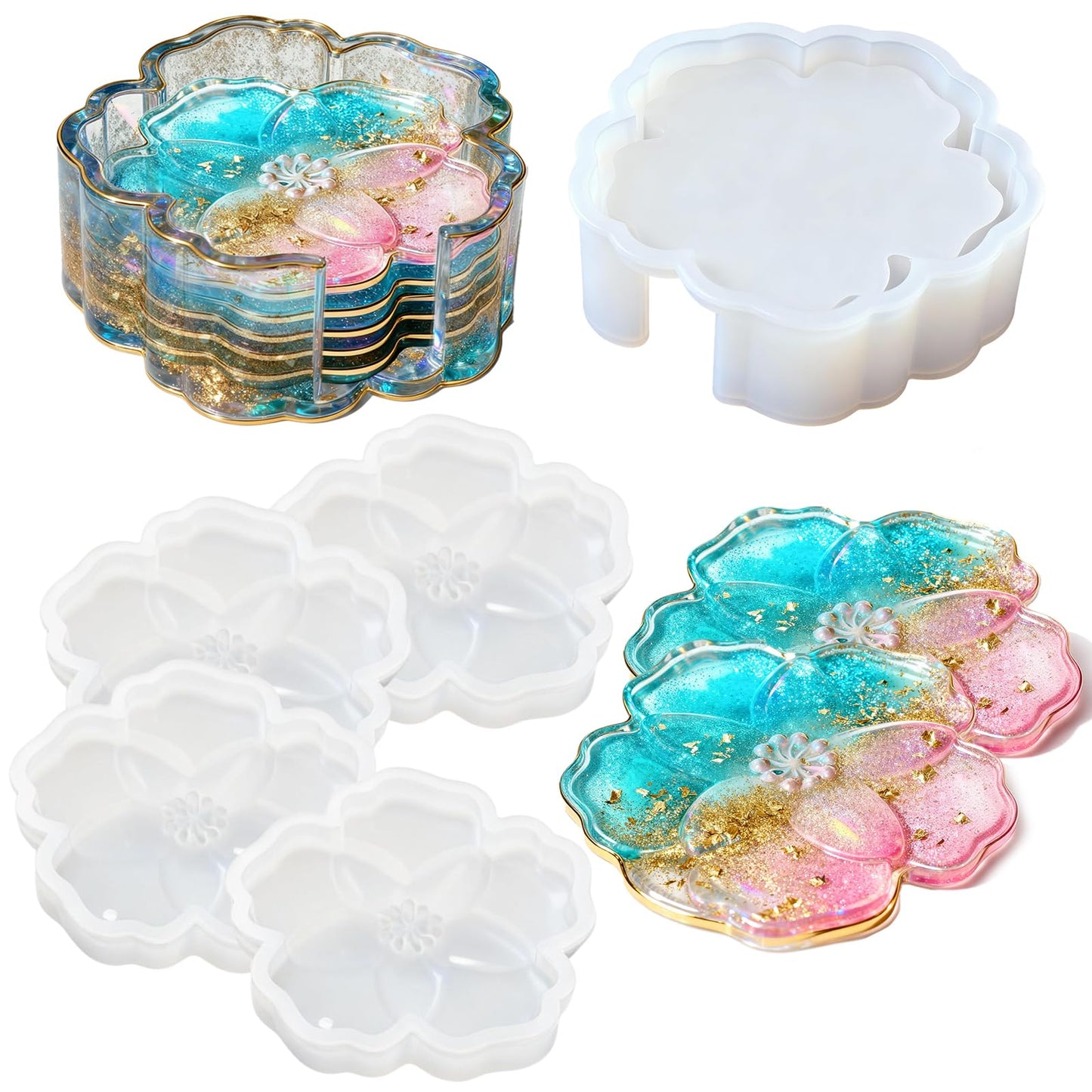 Panamalar Silicone Coaster Resin Molds, 5PCS Flower Coaster Molds with Holder Mold for Epoxy Resin, Coaster Tray Resin Casting Molds for DIY Art Craft Home Decoration Table Wine Cup Mat