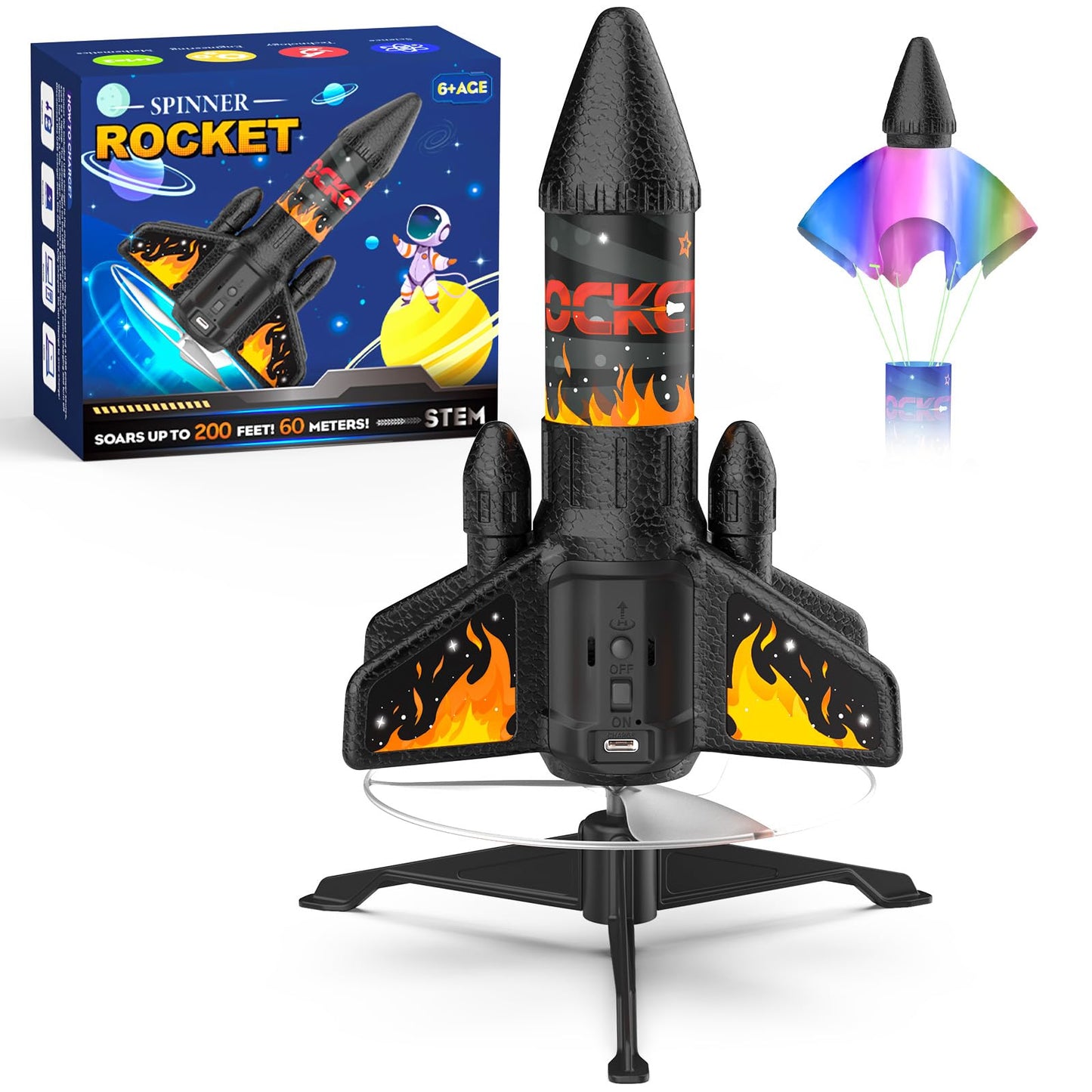 Ovaasy Rocket Launcher for Kids, 200 ft Self Launching Motorized Rocket Toy with LED and Safety Parachute Land, Outdoor Toys Cool Birthday for Boys Ages 8-12 (Orange)
