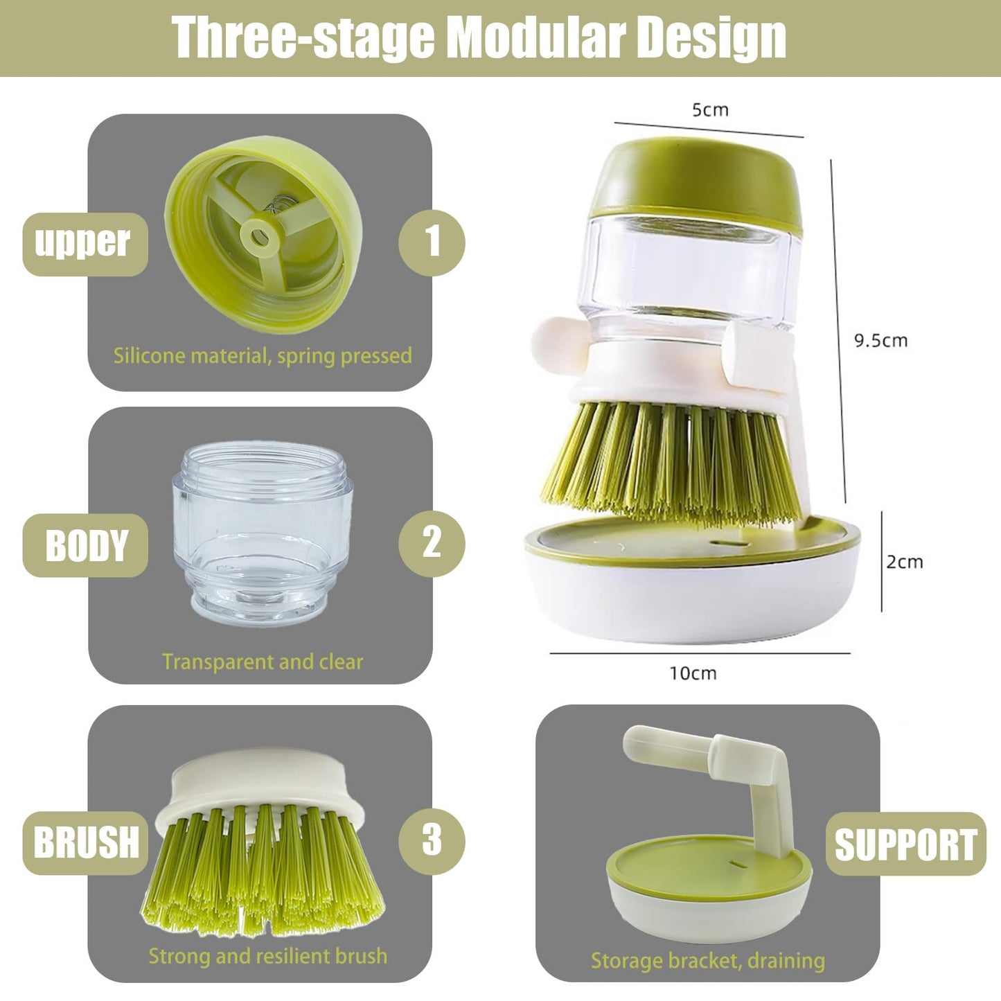 UGWkivd Soap Dispenser with Dish Brush and Storage Bracket, Easy to Clean Kitchen Utensils and Sink, Gray