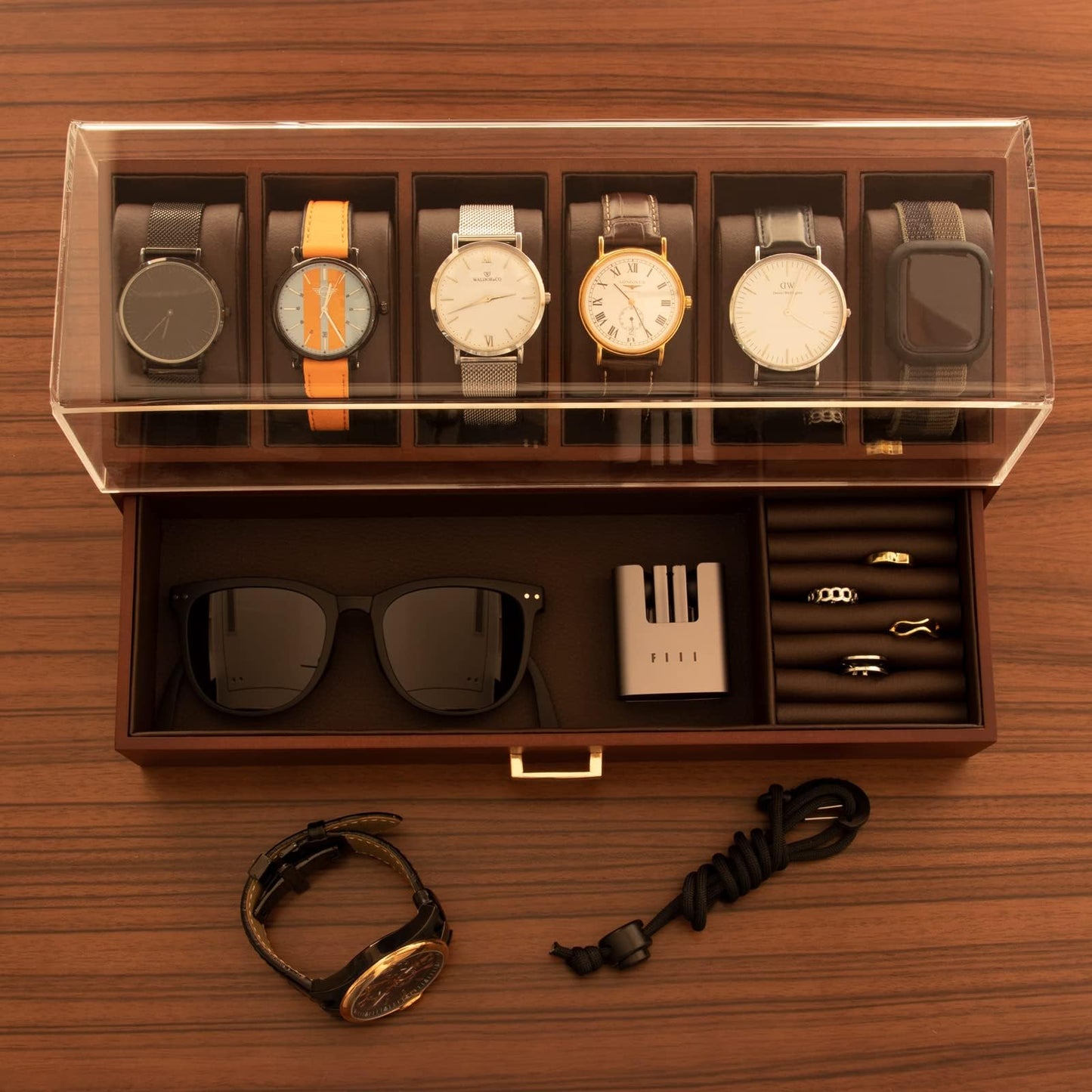 KAMIER High End Wooden Watch Box with 6 Slots & Glass Lid - 2-Layer Jewelry Organizer for Men - Watch Display Case, Ideal Business Gift for Watch Enthusiasts （with Gift Box）, Walnut