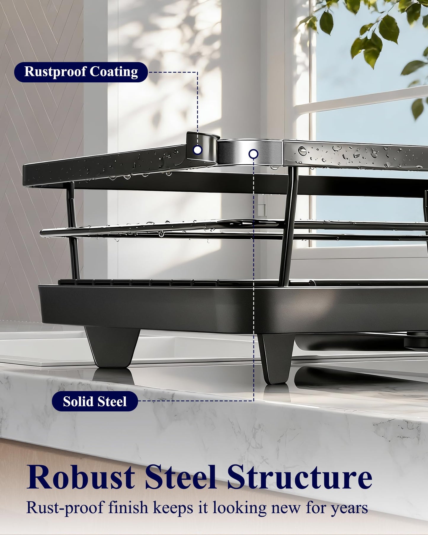 Kitsure Dish Drying Rack for Kitchen Counter, Stainless Steel Sink Organization and Storage Essentials with Cutlery Holder, Home and Appartment Decor, 12''W x 15.5''L, Black