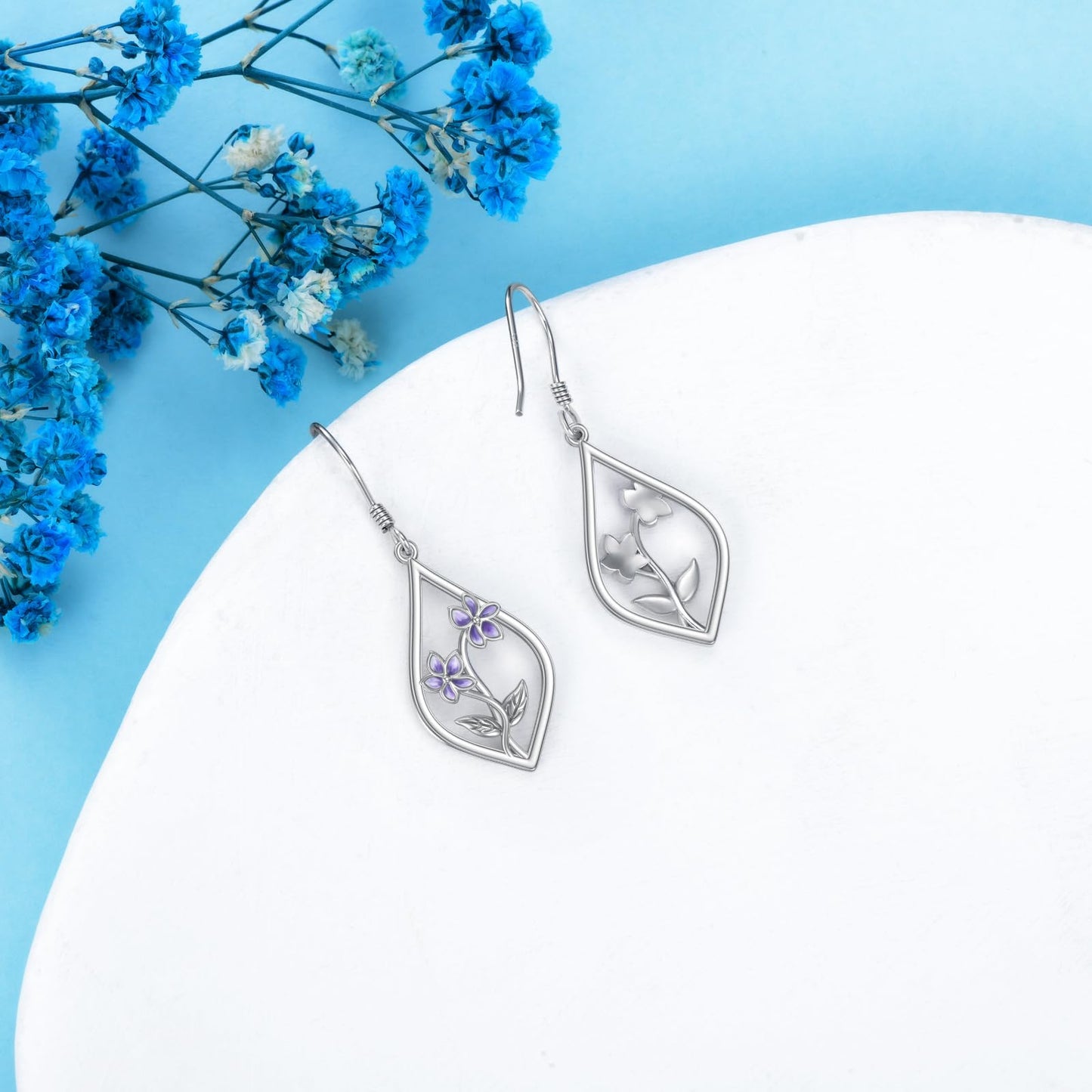 Violet Earrings Sterling Silver Purple Flower Floral Dangle Dangling Drop Earrings Violet Jewelry Gifts for Women
