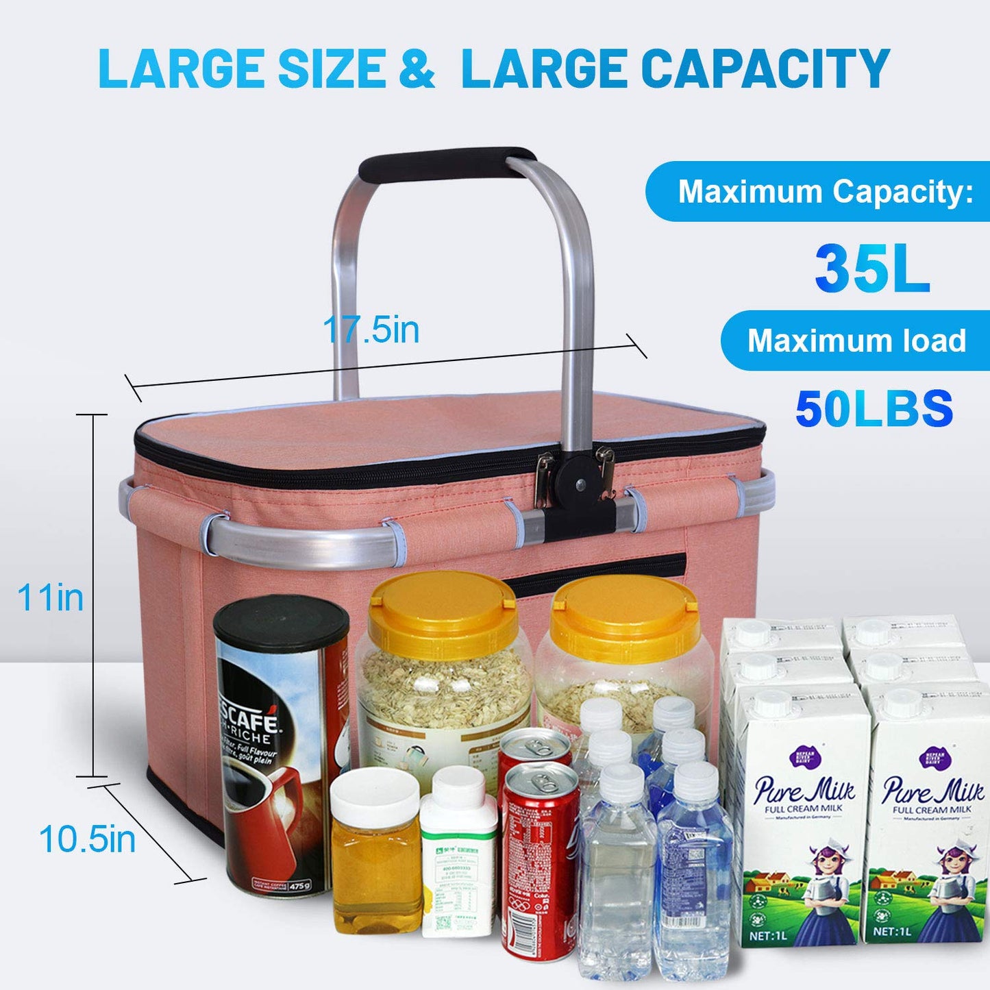 LIQING 35L Large Picnic Basket 2 Layers of Internal Pockets Leak-Proof and Insulated ，Folding with Internal Support for enhansed Stability, Wedding Gifts for Couple(Salmon Color)