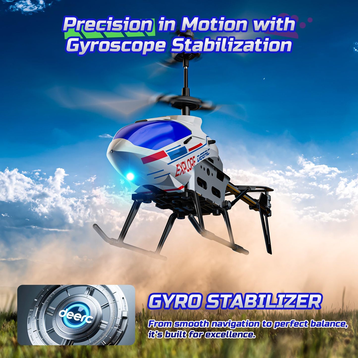 DEERC Remote Control Helicopter, 3.5 CH Altitude Hold RC Helicopters w/Gyro for Beginner, 2 Shells LED Light One Key Take Off/Landing, 2.4GHz Aircraft Indoor Flying Toy for Kids Boys Girls