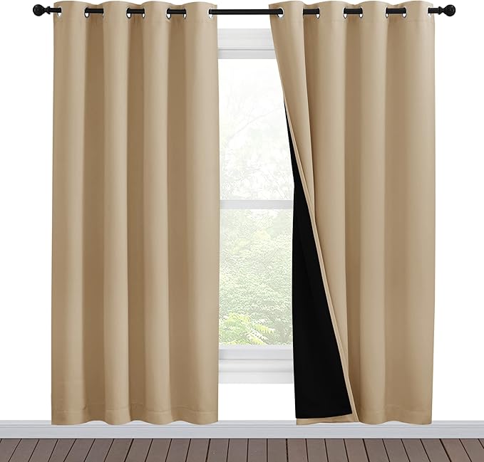 NICETOWN Living Room Completely Shaded Draperies, Privacy Protection & Noise Reducing Ring Top Drapes, Black Lined Insulated Window Treatment Curtain Panels(Biscotti Beige, 2 Pieces, W55 x L78)
