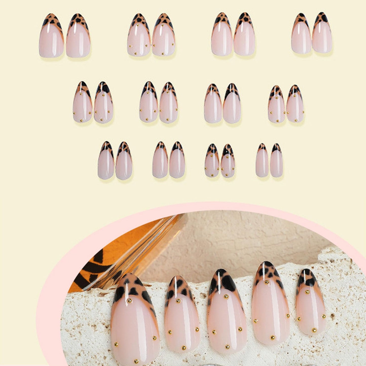 IMRAIN Fall Press on Nails - Medium Almond Fake Nails, Brown Leopard Print French False Nails Tips - Gold Bead Designs, Full Cover Acrylic Glossy Glue on Nails for Women Girls 24Pcs