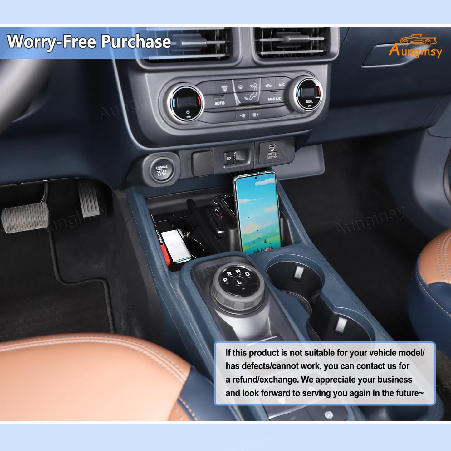 Aunginsy Car Center Console Shifter Storage Tray Compatible with Ford Maverick 2022-2026, Not Fit 2025+ Model with Wireless Charge, Gear Shift Groove Shock Pad Organizer Storage Box Insert Accessories