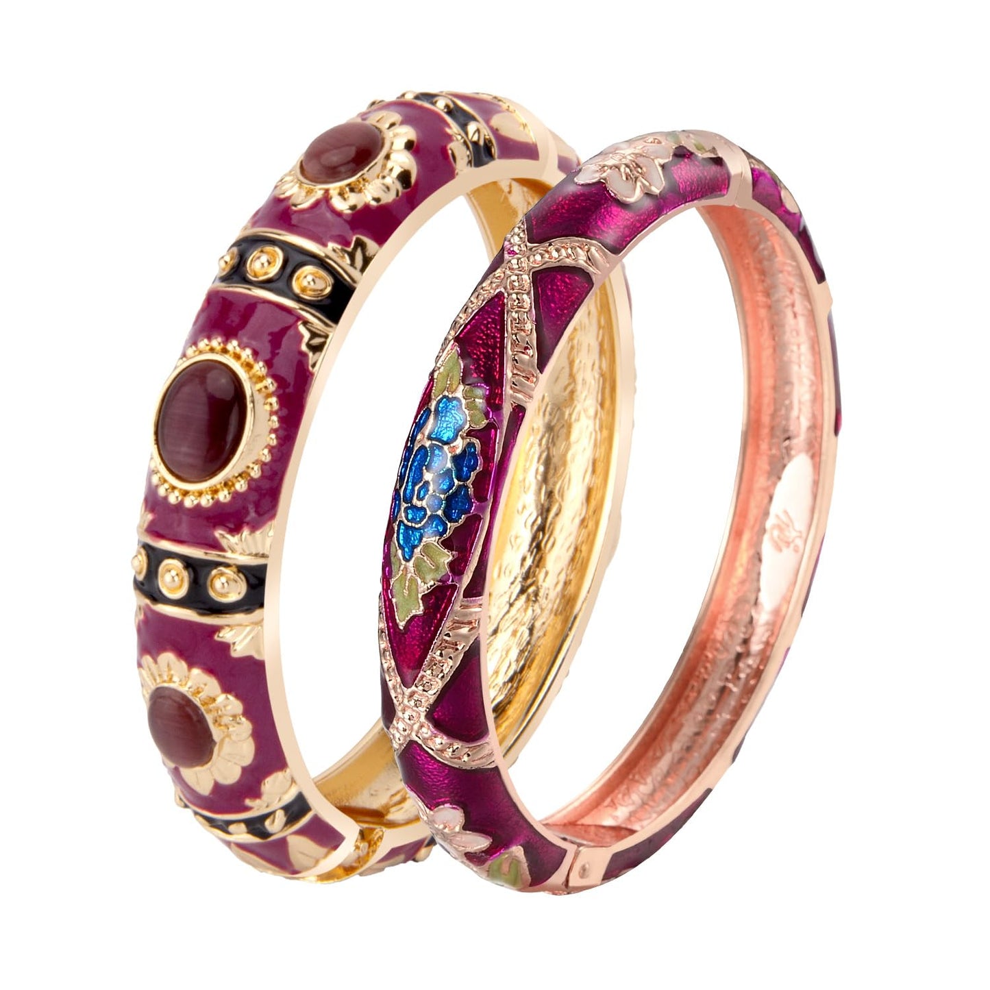 UJOY Vintage Cloisonne Jewelry Bracelet Plated Handmade Bead Rhinestones Enamel Spring Cuff Bangles 2 Pcs Set for Womens Gift 7735-55A128 Purple