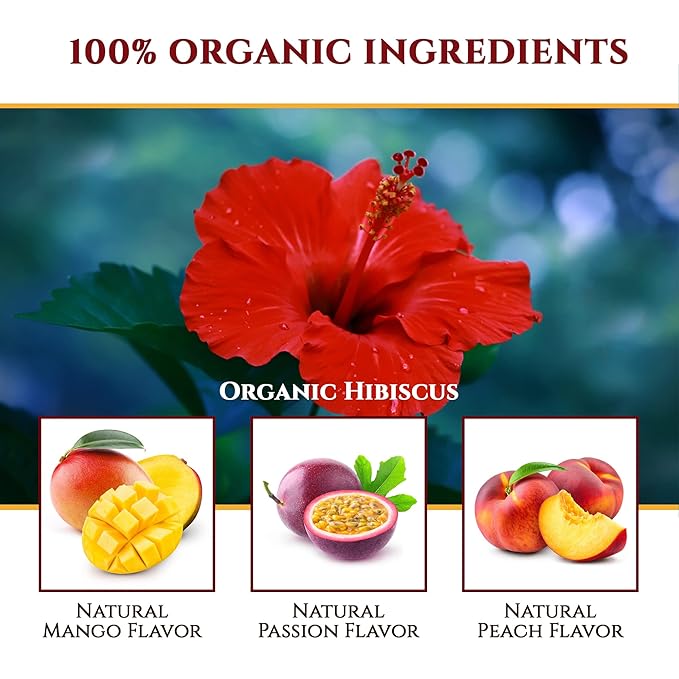 Organic Hibiscus Teapods with Peach, Mango, & Passionfruit - Naturally Decaffeinated Hawaiian Fruit Tea by Teavity (12 Tea Pods)