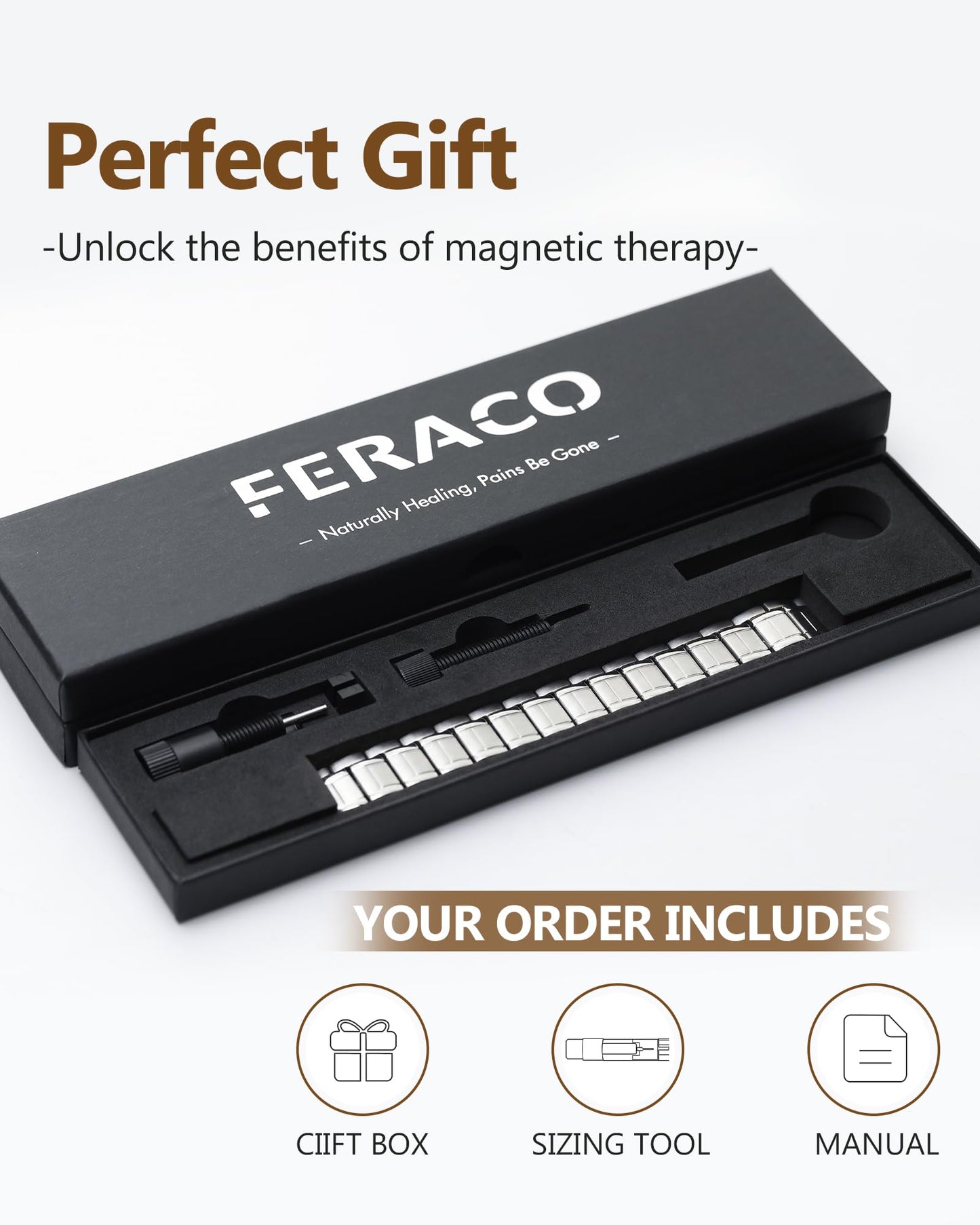 Feraco 3X Magnetic Bracelets for Men Titanium Steel Magnetic Bracelet with 3 Rows Magnets (Gunmetal)