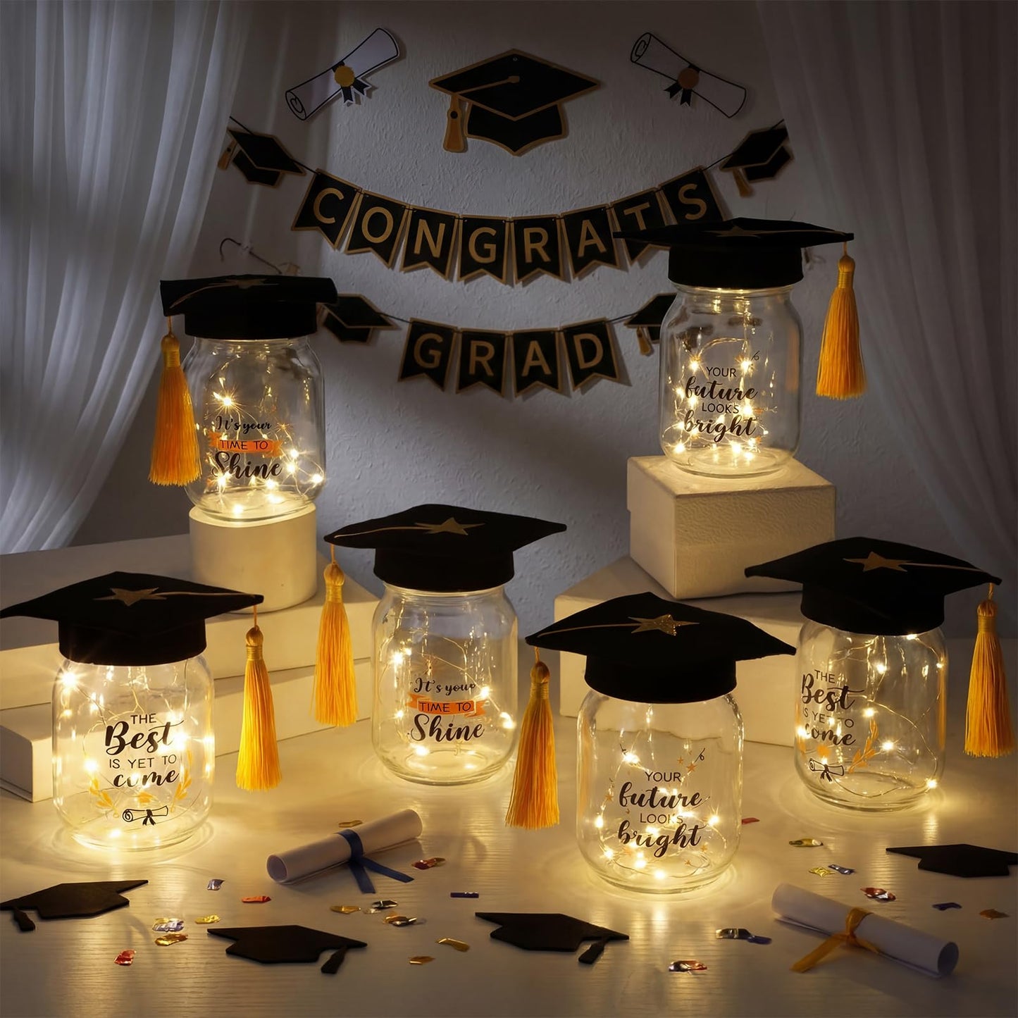 Hushee 6 Set Graduation Mason Jar for Table Centerpieces, Decorative Mason Jar with LED Light and Graduation Caps, Class of 2026 Gifts bulk for High School College Congrats Party Decor