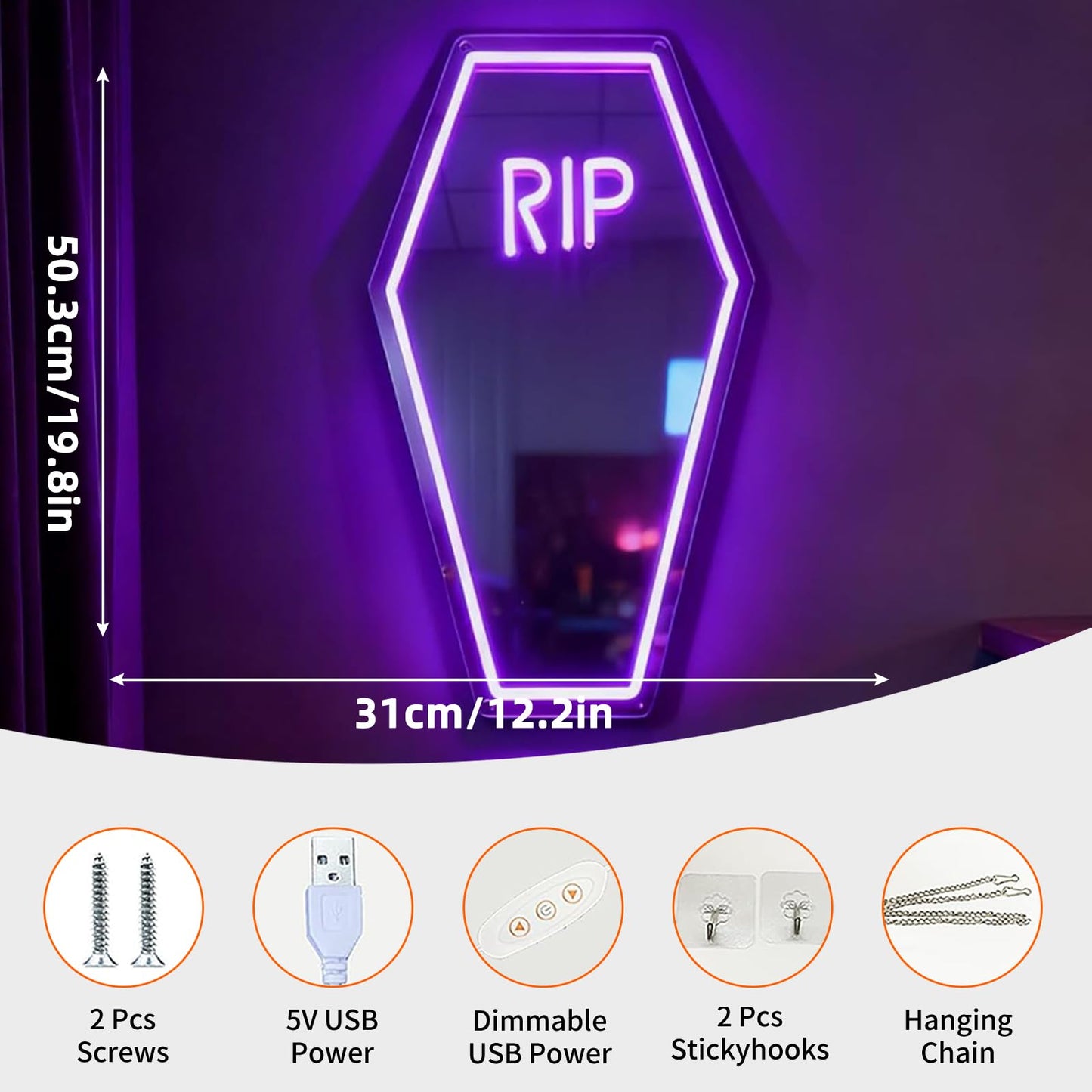 Coffin Shape RIP Neon Sign, USB Powered Dimmable Decorative Neon Light for Haunted House Gothic Spooky Theme Wall Table Decor Horror Party Gifts 19.9 x 12.2 In