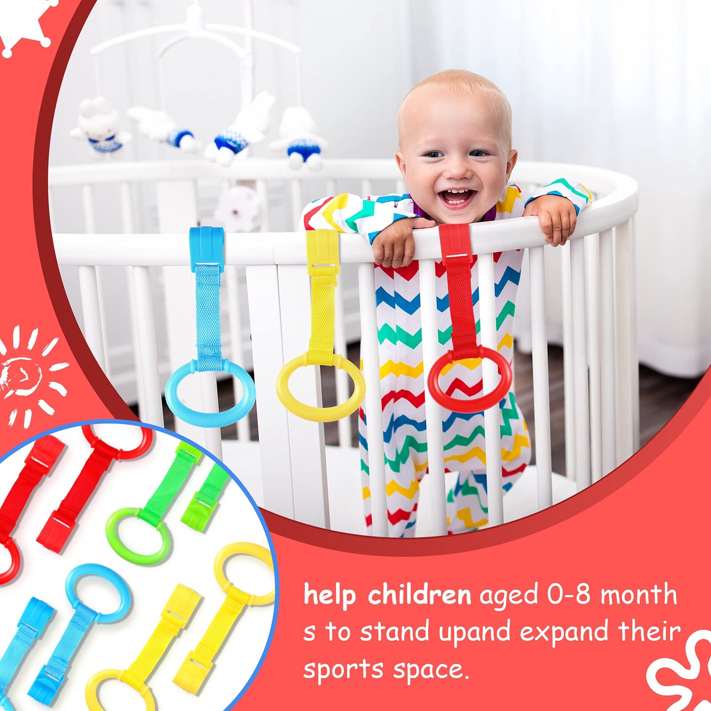 Sumind 8 Pieces Baby Pull up Rings for Playpen Baby Crib Pull Ring Baby Walking Exercises Assistant Bed Stand up Hanging Tool for Infant Toddler Practice